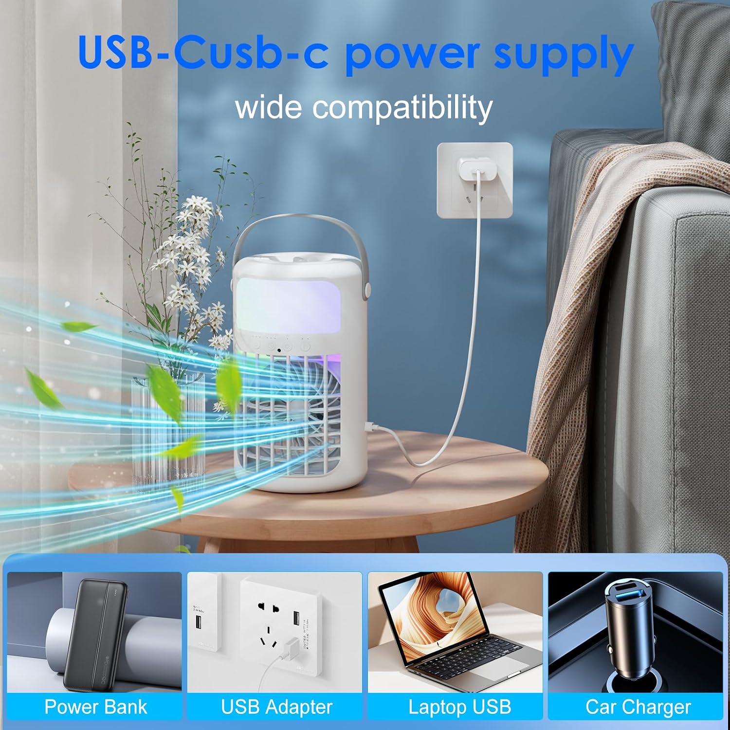 Portable Air Conditioners, Powerful Evaporative Air Cooler, 3-in-1 Mini Personal AC Fan with Humidifier, 1500ML Tank, 3 Speeds & 2 Mist Modes, Remote, USB-C Cooling for Bedroom Office Camping