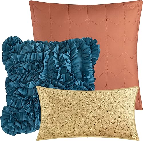 Miniatura 5 de Grand Avenue Juego de edredón Blush Queen, ropa de cama bordada con costuras de cadena, juego de cama floral de 7 piezas, edredones