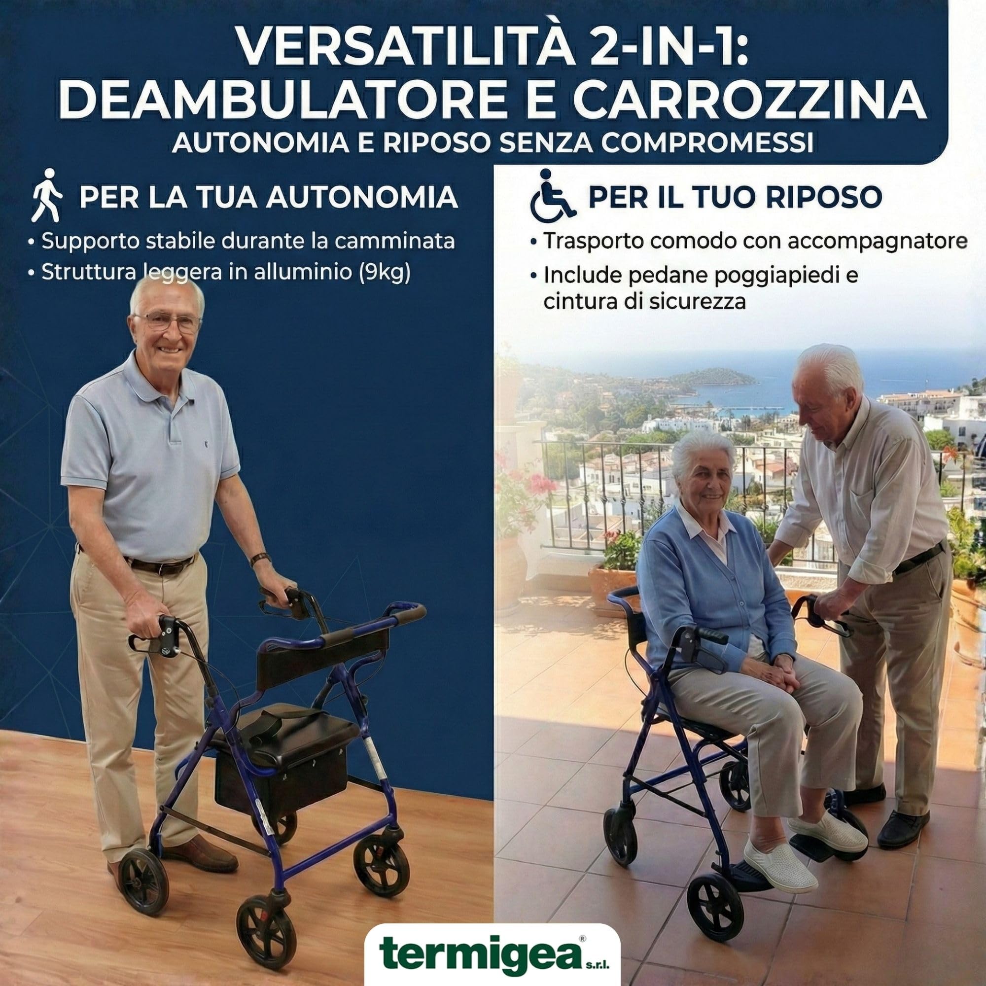 TERMIGEA RO30 - Deambulatore per Anziani con Seduta, Carrello per Anziani per Camminare Pieghevole in Alluminio (Portata 136KG) con Freni Ruote Posteriori e di Stazionamento, Impugnatura Ergonomica