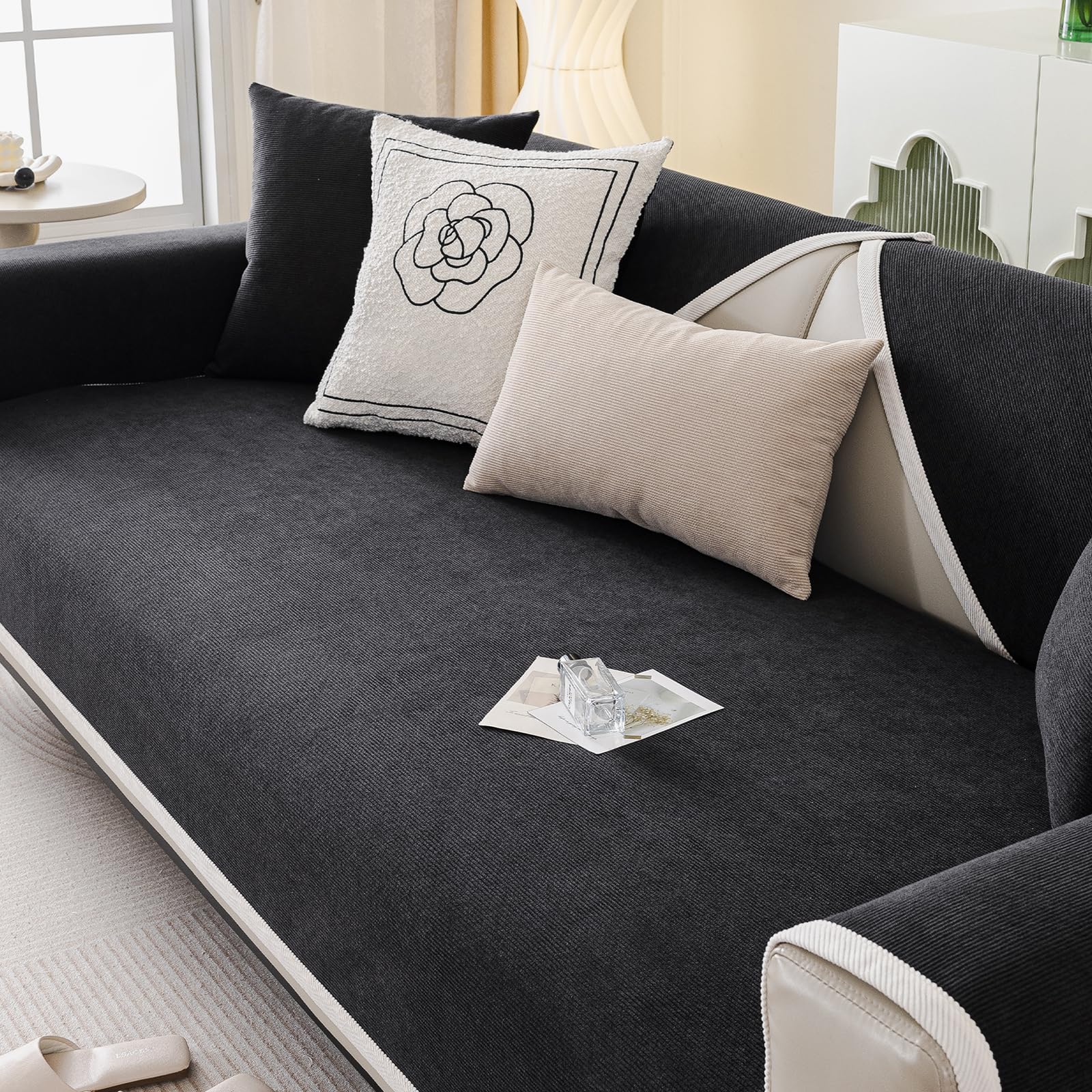 AMFUN Corduroy Sofa Covers, Soft &Washable, Non-Slip Sofa Slipcovers, Pet Couch Covers, Sofa Cushion Coversor for Living Room Furniture Protection(Black, 70x180cm)