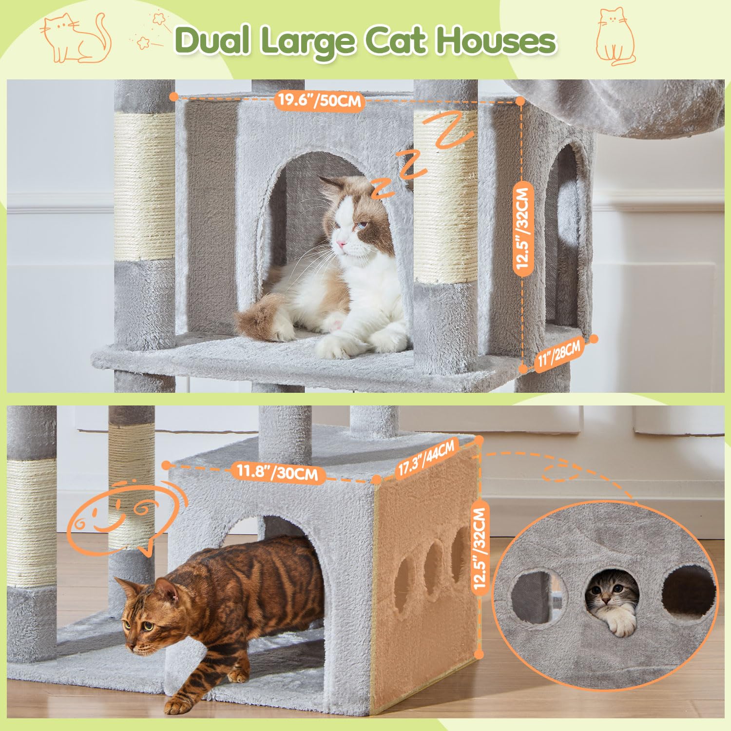 Taoqimiao 72 Inch Cat Tree, XXL Cat Tower for Indoor Cats Large Adult 25Lbs+, Extra-Large Platform, 2 Cat Houses, 7 Scratching Post, Extra-Sized Durable Hammock, Cozy Basket, Smoky Gray, F20G: Light Gray