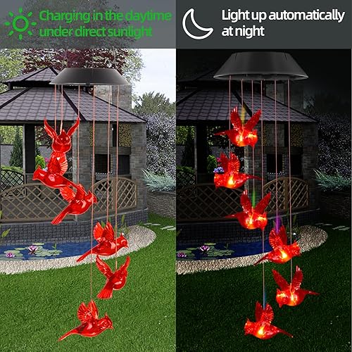 Miniatura 7 de Campanillas de viento solares cardenales para exteriores, luces colgantes solares cardenales, campanillas de viento para decoración de jardín,