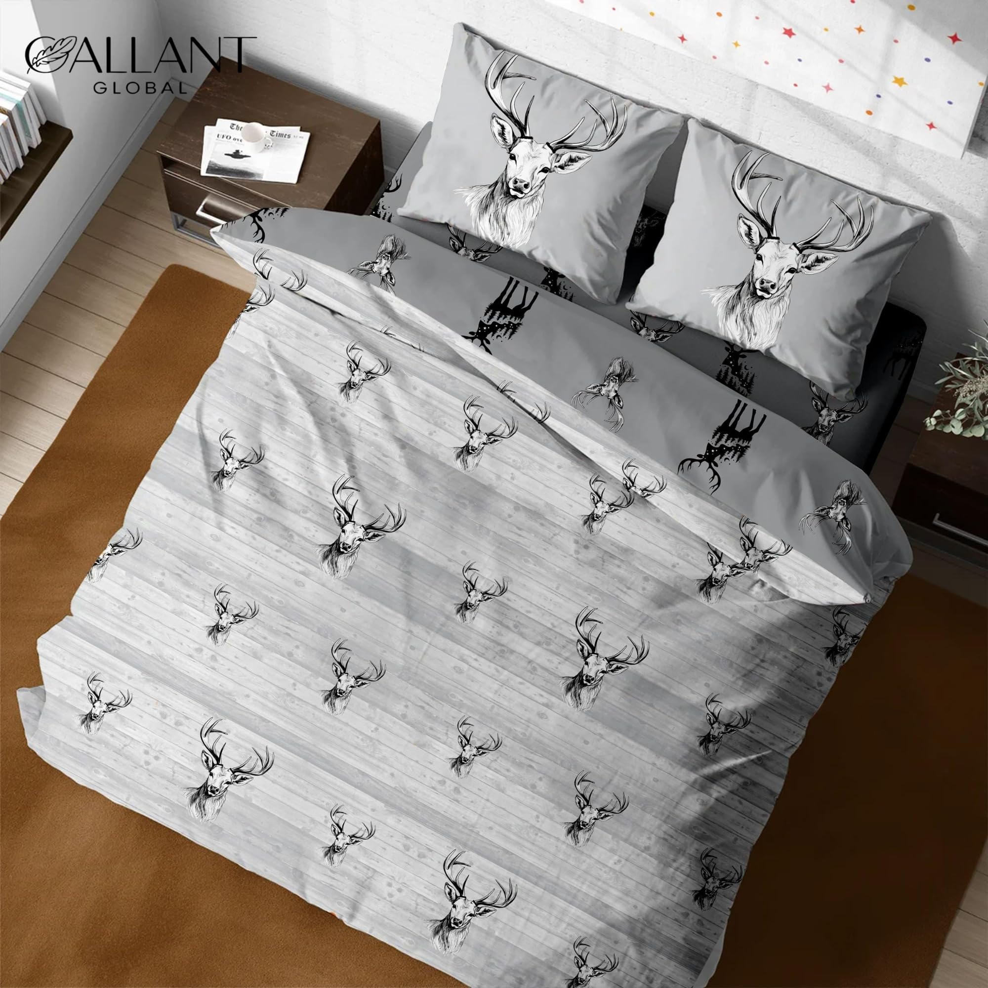 Gallant Global Printed Floral Duvet Sets 100% Microfibre Super Soft Bedding Sets Button Closure With 2 Pillowcase Reversible Multicolored Duvet Covers Set (Grey Stag, Super King)