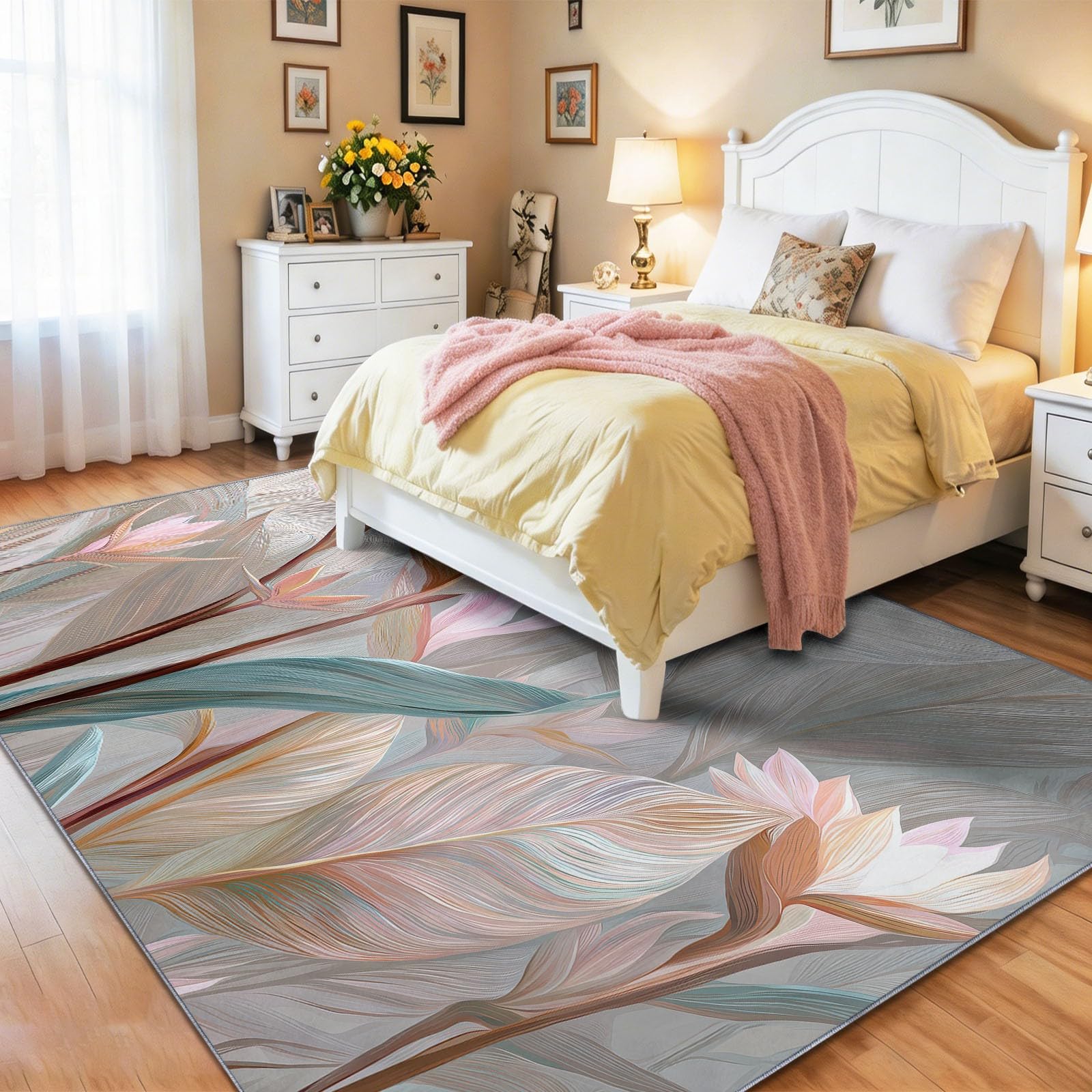 Minimalistisch Leichter Luxus Teppich 60 x 90 cm Kurzflor Hellgelb Beige Strelitzie Tropische Blätter, Waschbar, Pflegeleicht, Extra Weich Für Wohnzimmer, Schlafzimmer, Esszimmer