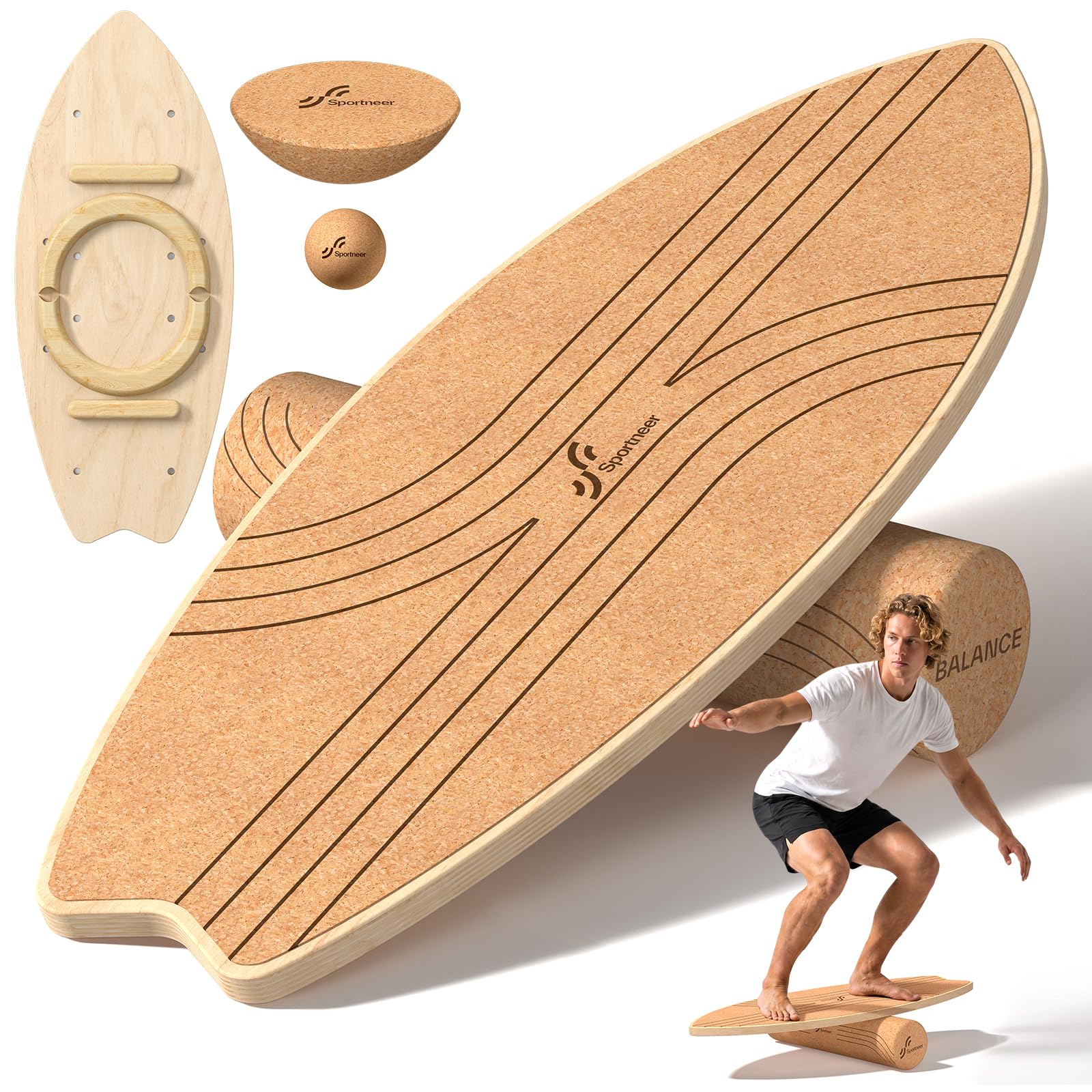 Sportneer Cork Surfing Balance Board for Adults 8-in-1, Balance Trainer Set