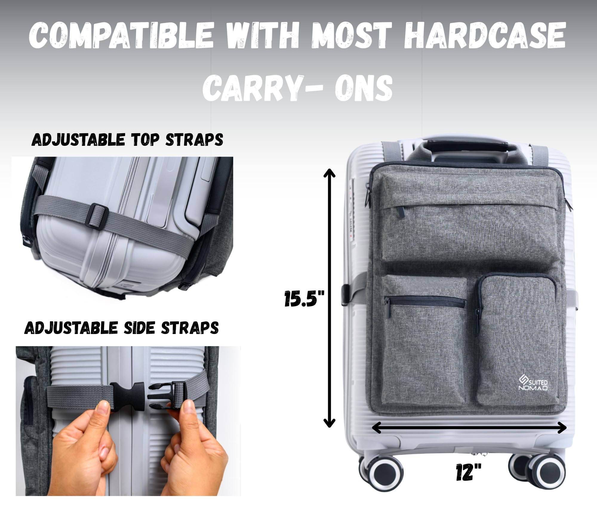 SUITEDNOMAD Arnés de equipaje para bolsa de transporte, organizador sobre maleta con bolsillos de almacenamiento y fundas para laptop, bolsa ajustable deslizante para viajes