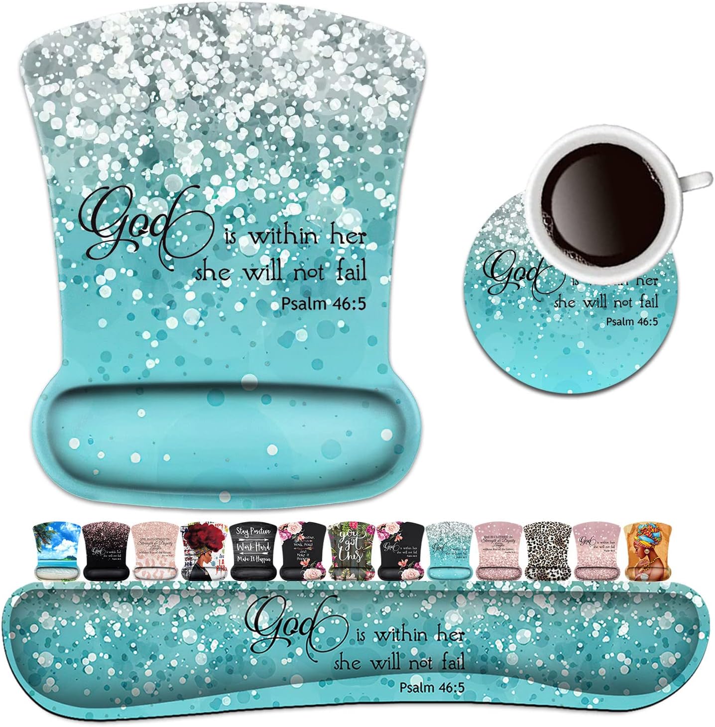Keyboard Wrist Rest Pad and Ergonomic Mouse Pad Wrist Support Set Psalm 46:5 God is Within Her, She Will Not Fall Blue Glitter for Gaming, Office, Comfortable and Pain Relief with Coaster Set