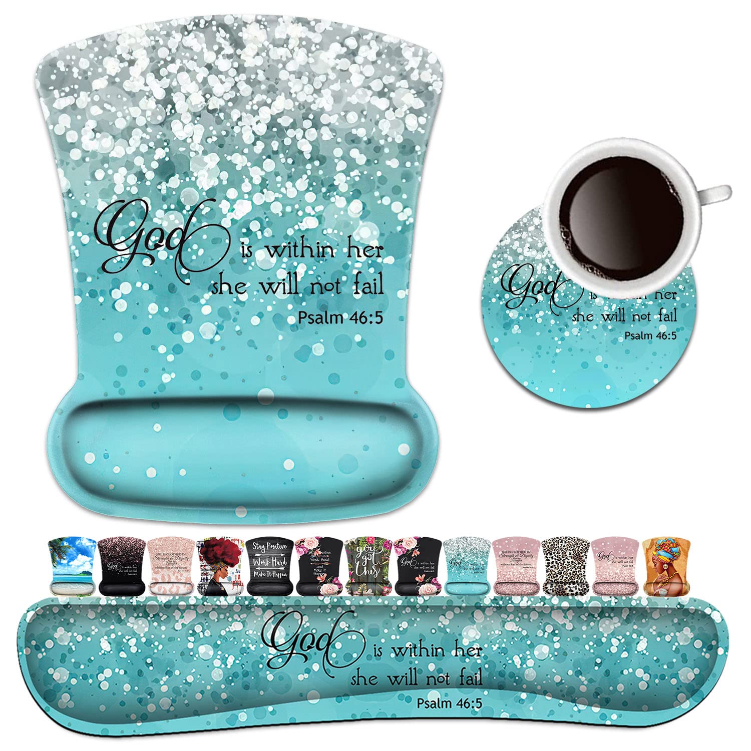 Keyboard Wrist Rest Pad and Ergonomic Mouse Pad Wrist Support Set Psalm 46:5 God is Within Her, She Will Not Fall Blue Glitter for Gaming, Office, Comfortable and Pain Relief with Coaster Set