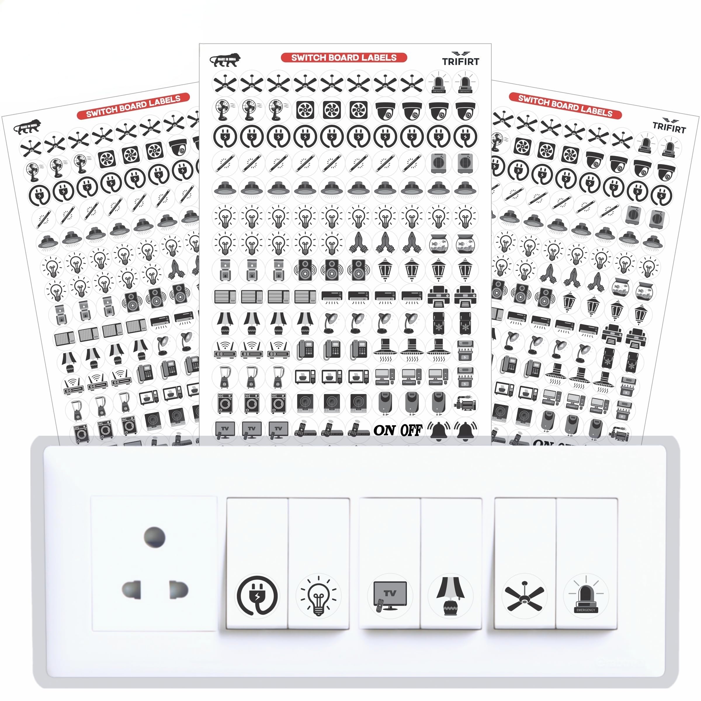 Switch Board Stickers for Home and Office - 36 Pattern 450 Pcs Self Adhesive, Modern Electric White Switch Board Covers, Transparent Stickers for Switches, Lightbulb, Fan, AC, Stickers