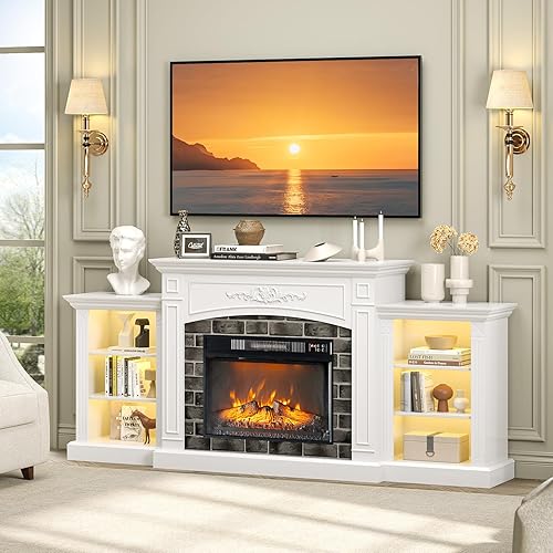 VINGLI 80'' Fireplace TV Stand for up to 90 inch TVs, Electric Fireplace with Mantel, Modern Entertainment Center with LED Light, TV Console Table with Adjustable Shelves, Living Room ＆ Bedroom, White