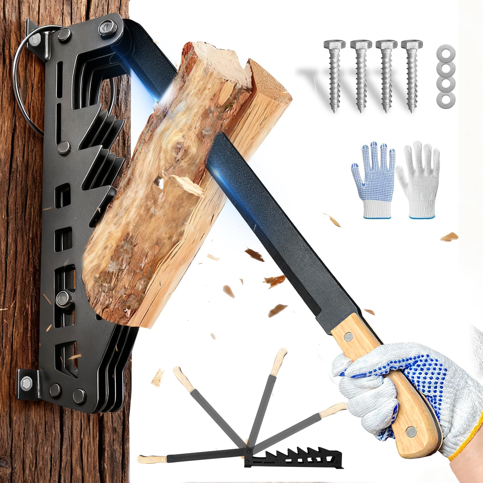 Wall Mounted Kindling Splitter Fire wood Kindling Splitter Metal Manual Fire Wood Kindling Splitter with Wooden Handle Heavy Duty Log Splitter Wood Splitter for Soft Wood Indoor&Outdoor (Black)