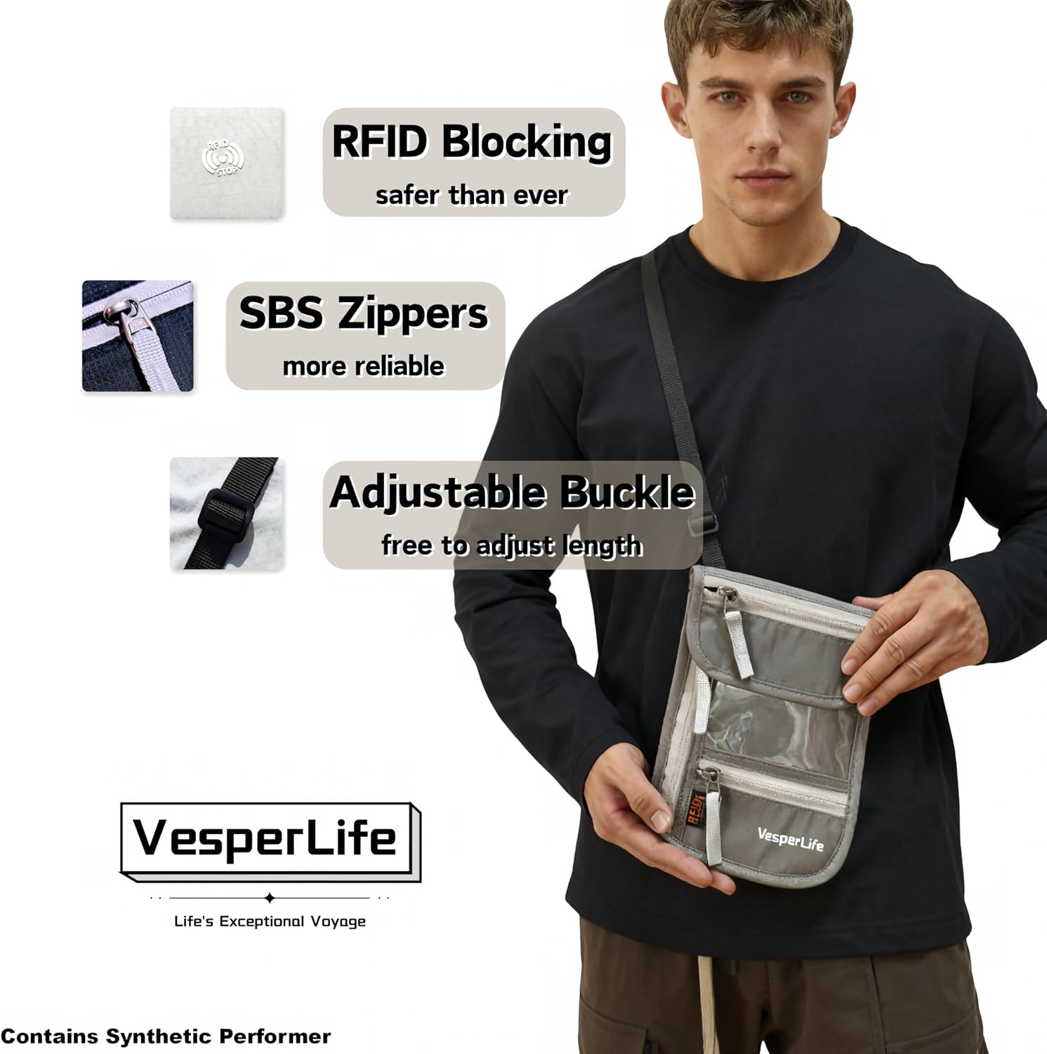 Travel Pouch Anti-Theft Neck Wallet, RFID Blocking Passport Holder, Travel Wallet, Water-Resistant Lightweight Organizer for Cruise Travel, Men Women Family (Light Gray)