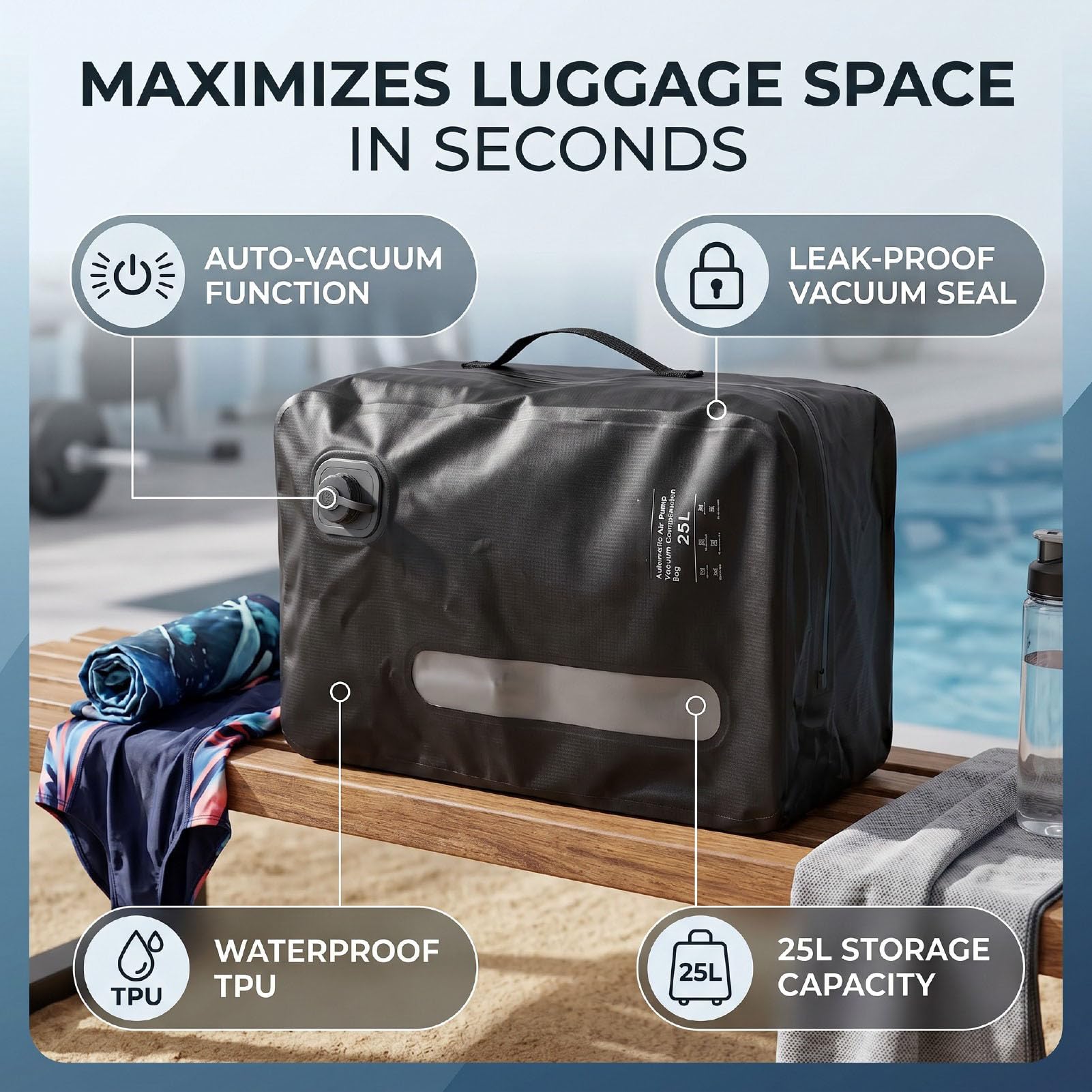 Bolsa Sellada de Viaje Automática 25 Litros, Bolsas de Equipaje Compresión Reutilizables, Bolsa de Almacenamiento Al Vacío Hermética a Prueba de Agua para Viajes Negocios (BLACK)