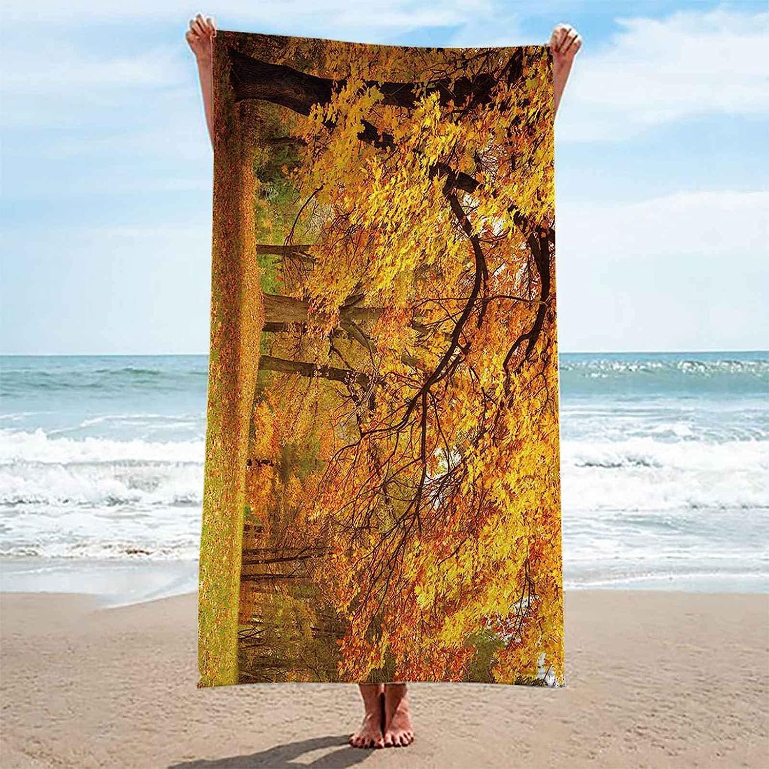 Strandtücher Mikrofaser Schnelltrocknend 3D Gelbe Ahornwaldlandschaft Drucken Tragbar Sand Proof Ultraleicht Strand-Badetuch Ideal Als Strandtuch,Reisetuch,Saunatuch,Duschtuch Sport 150 X 20-8Q9B+P5Y