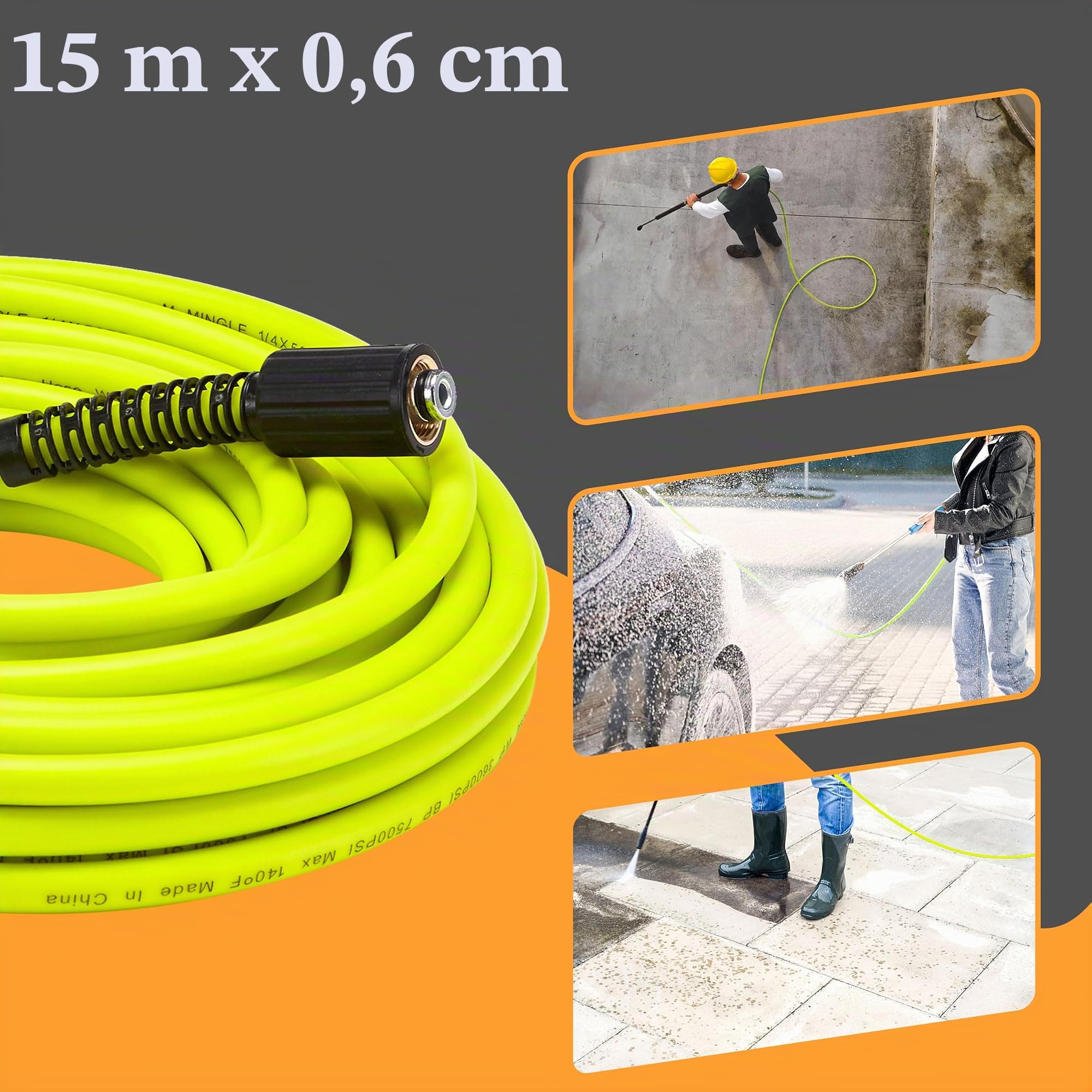 M MINGLE Tubo flessibile per idropulitrice da 1,5 m x 0,6 cm – Tubo di ricambio per idropulitrice con adattatore M22 da 14 mm in acciaio inox Quick Connect – 3600 PSI
