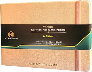 A5 Watercolour Pad Hot Pressed Paper Sketch Book Linen Fabric Hardcover Thread Sewn Binding Paper Journal 140lb (300gsm) 100% Cotton Off-White Paper Sketchbook 24 Sheets – Peach Cover