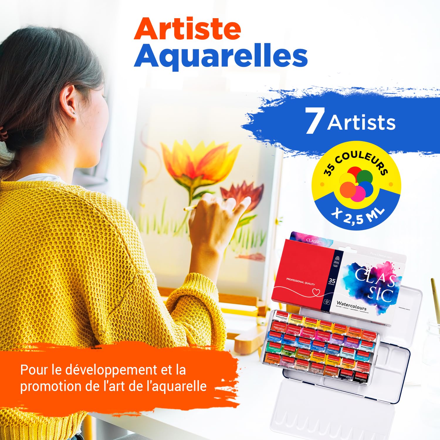 Kit Aquarelle Peinture – 35 x Godet Aquarelles Professionnelle Extra Fine Сlassique | Palette Aquarelle Adulte Portable pour Voyage et L’atelier D’artiste | Coffret en Métal