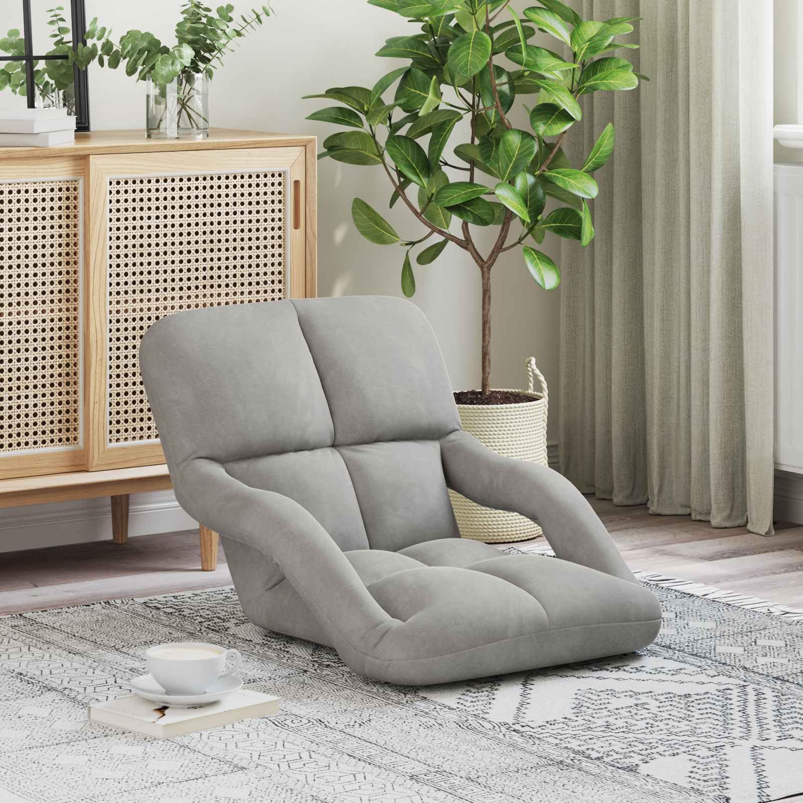 Krzesło podłogowe, jasnoszare, aksamitne, z regulowanym oparciem, 58 x 62 x 58 cm, tapicerowane i składane, ergonomiczny fotel podłogowy z podłokietnikami, do jogi, czytania, biura i gier