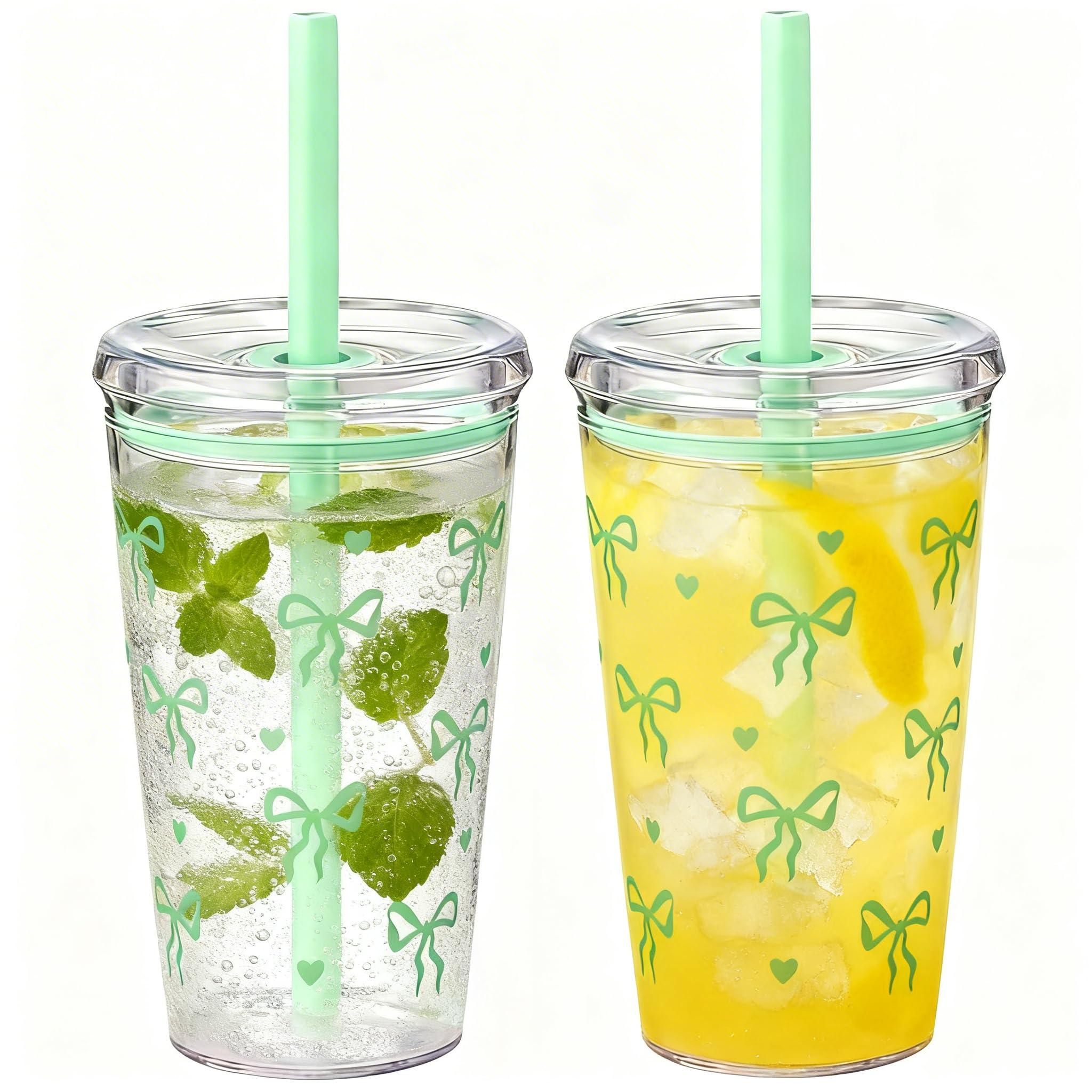 Yisituo 450ml Reusable Iced Coffee Cup, 2 Pack Clear Plastic Cups with Lids and Straws, Cold Cup, for Hot and Cold Drinks (2, Green)