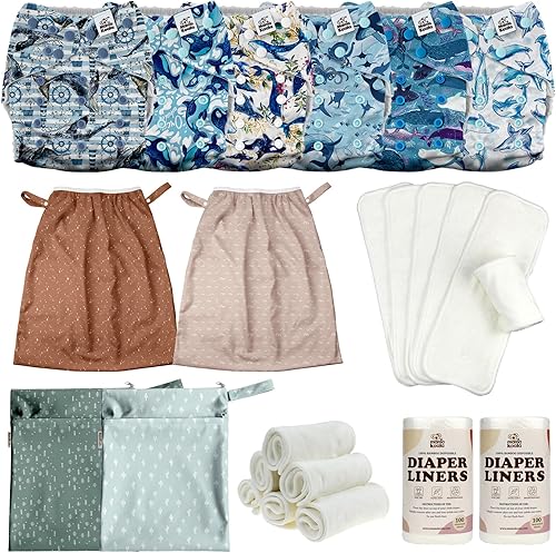 MK 3.0 - Pañales de tela para bebé con 6 inserciones, con forros Bboo, inserciones de 5 capas (paquete de 6), bolsas húmedas y forros para cubos.