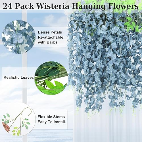 Miniatura 2 de Paquete de 25 flores colgantes de glicina azul polvoriento, flores colgantes falsas azul polvoriento, guirnalda de glicina artificial azul