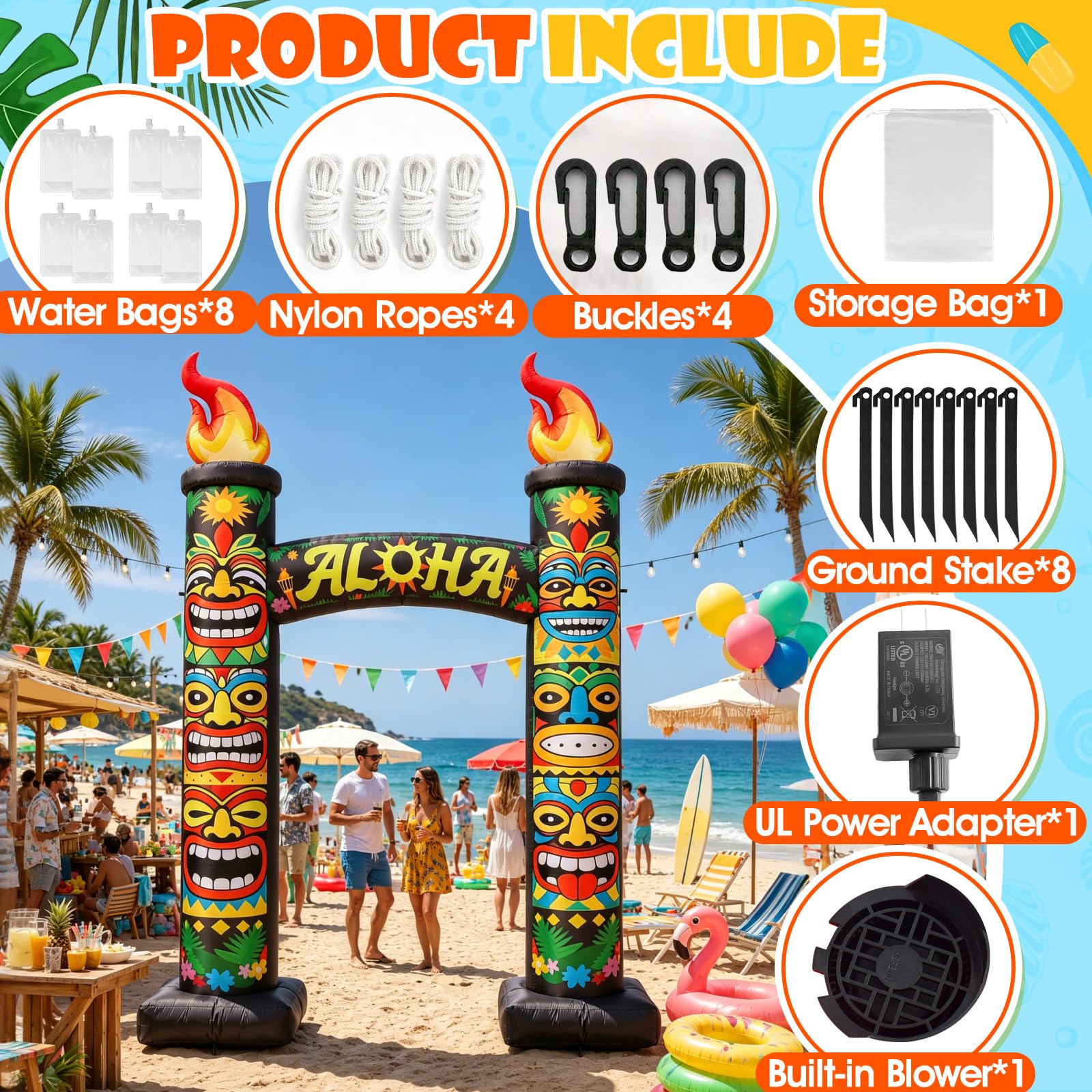 Arche gonflable d'été Tiki de 3 m, décoration d'extérieur géante Aloha Luau avec 6 lumières LED intégrées pour plage, bar, fête d'anniversaire, piscine, terrasse, événement