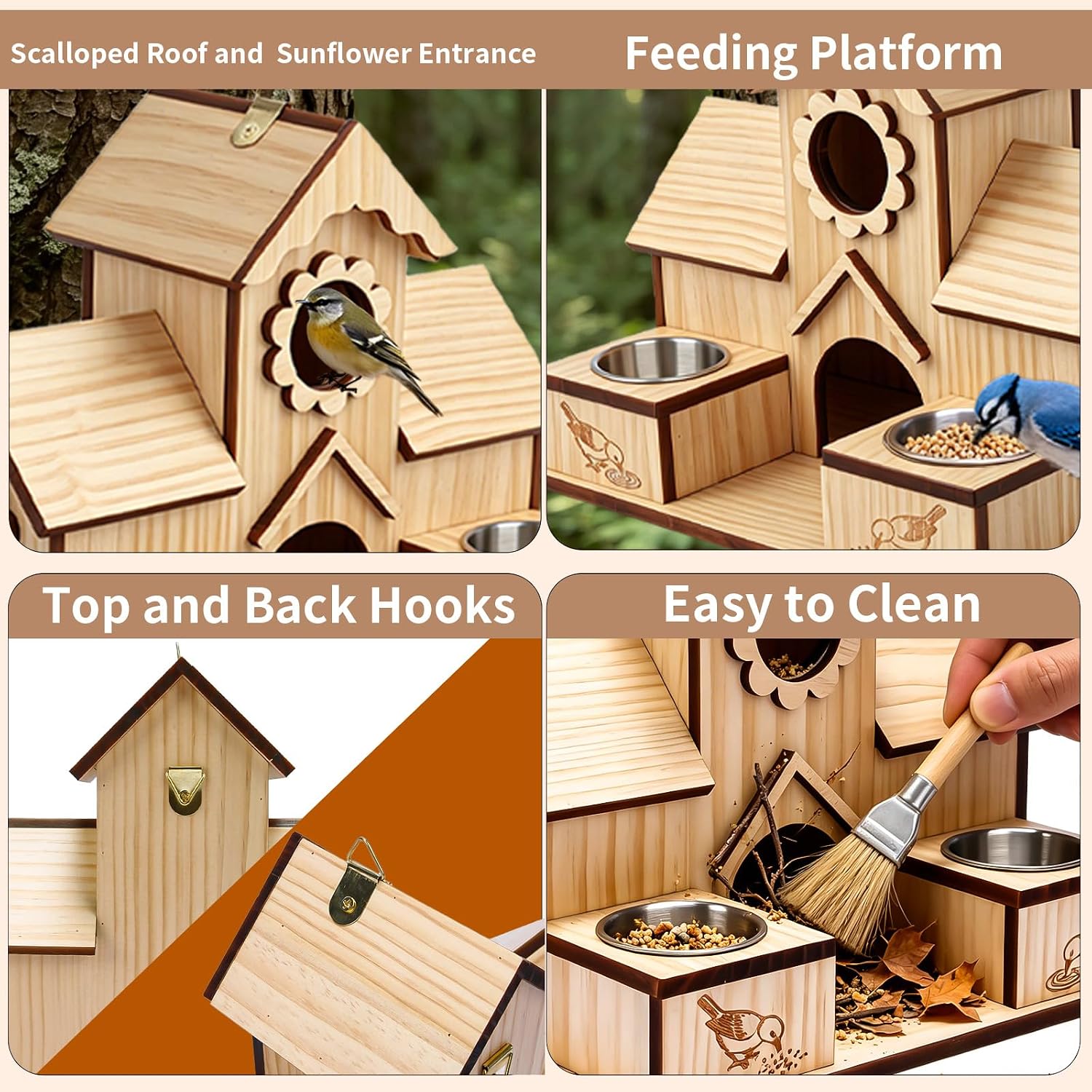 Condition photo showing As Is for bird house for outdoors, 4-hole hanging birdhouse, bluebird house with stainless steel feeding tray, cedar wood nesting box for wrens, chickadees and swallows burly wood & copper-colored