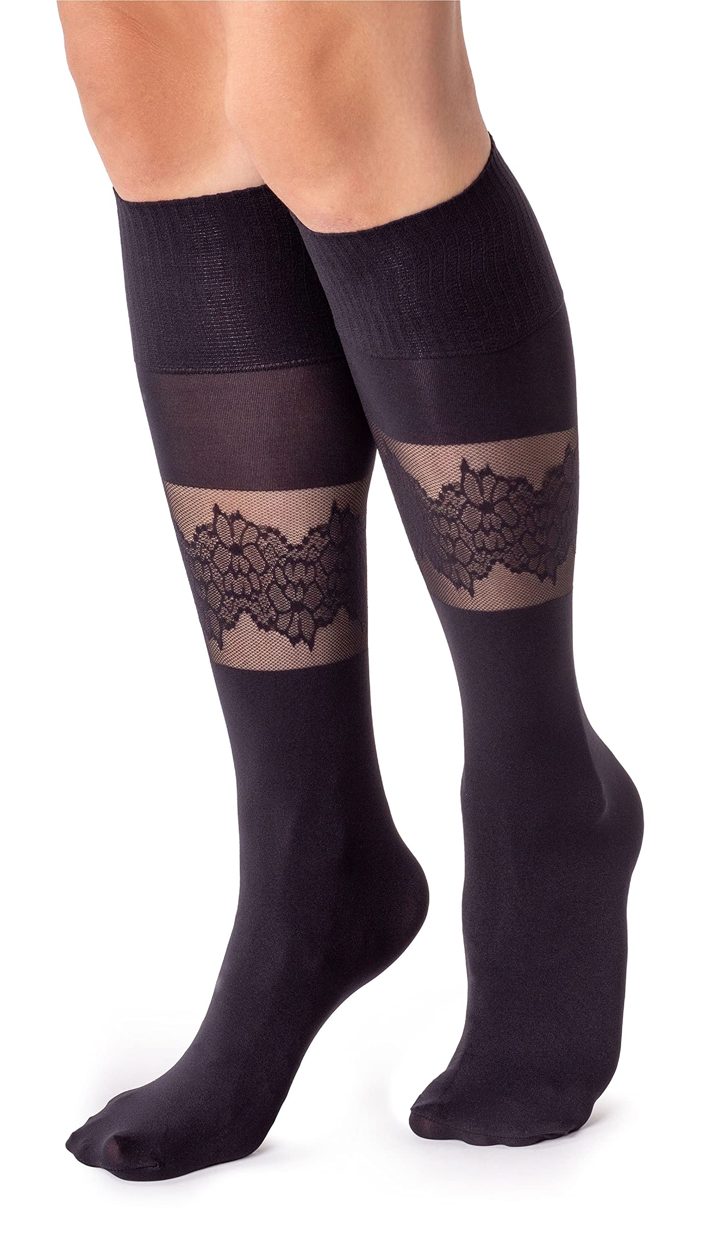 LORES Womens Sheer Knee High Pop Socks Fancy Patterned Soft- Fun Long, Constanza Nero