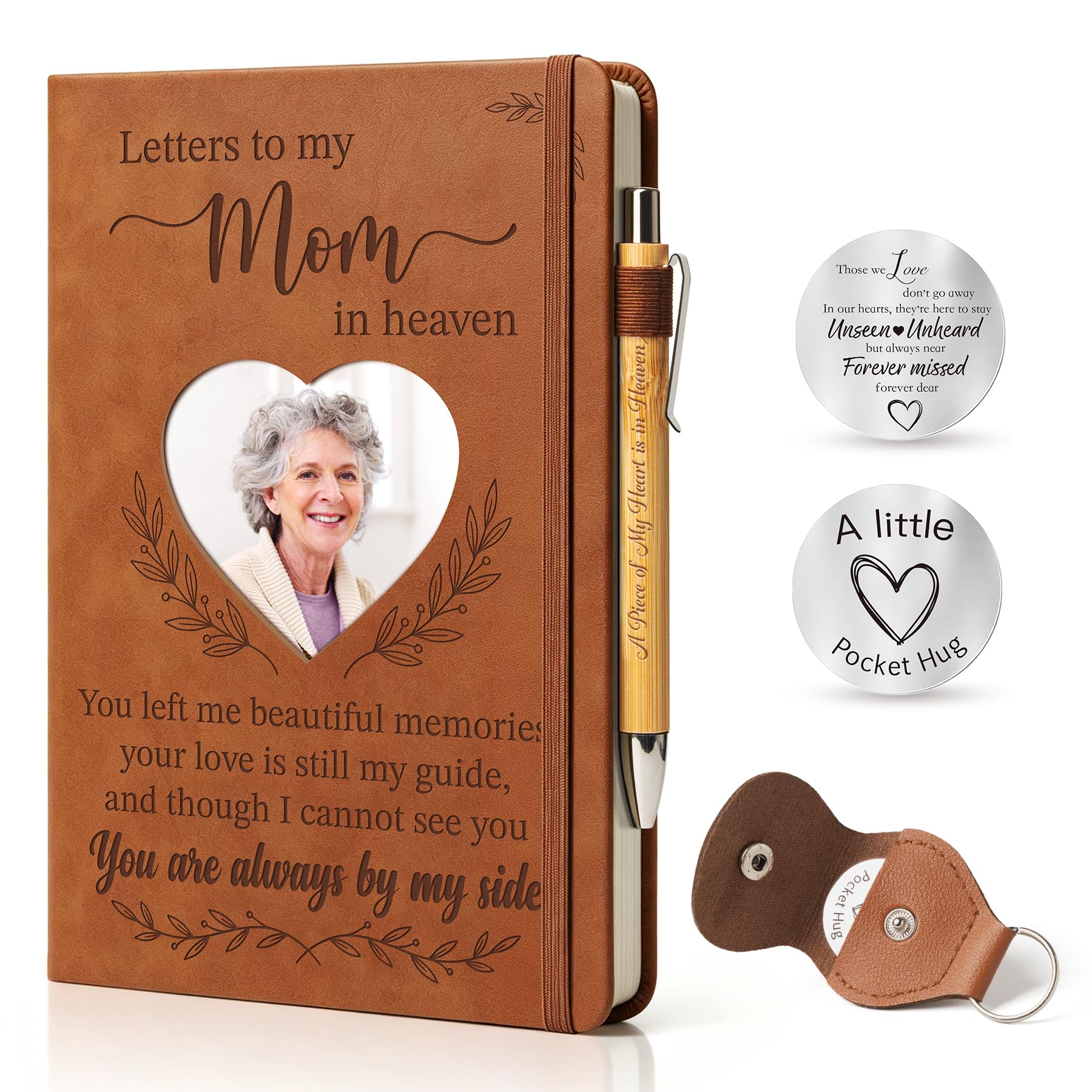 EliteSign Memorial Gifts for Loss of Mom, Letters to My Mom in Heaven Grief Journal, A5 PU Leather Notebook with Cover Photo Window & Back Keepsake Pocket, Sympathy Bereavement Gift with Keychain
