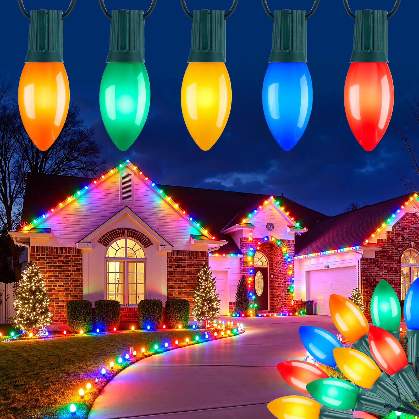 Vintage C9 LED Christmas Lights Outdoor, 150 Feet C9 String Light with 150 Shatterproof Bulbs, Waterproof Connectable Commercial Christmas Tree Lights for Outside Roofline Patio Decor, Multicolor