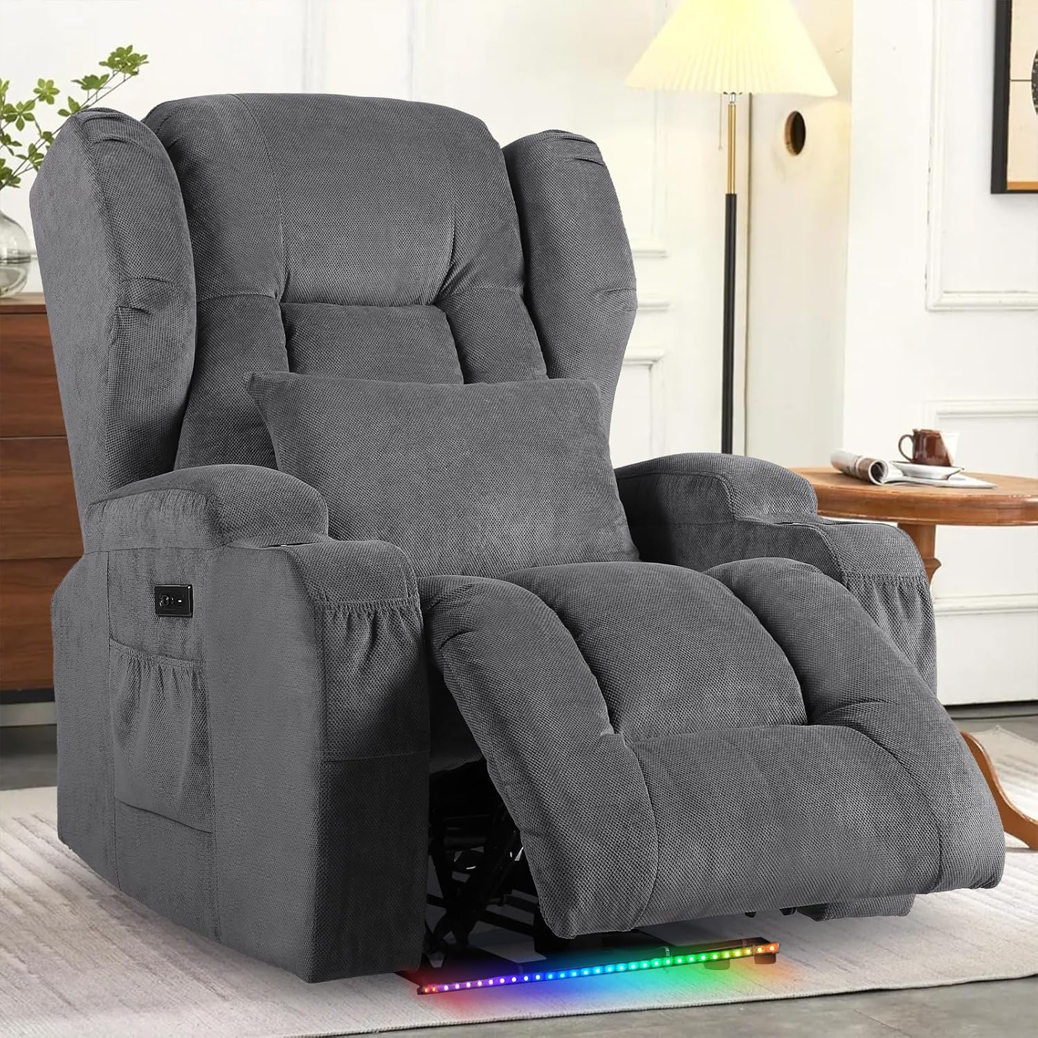 Power Recliner Chairs for Adults with Massage and Heat,Single Linen Recliner Chair Sofa Reclinable Home Theater Seating with LED Lights,Cup Holders,Reclining Chair for Living Room (Gray)