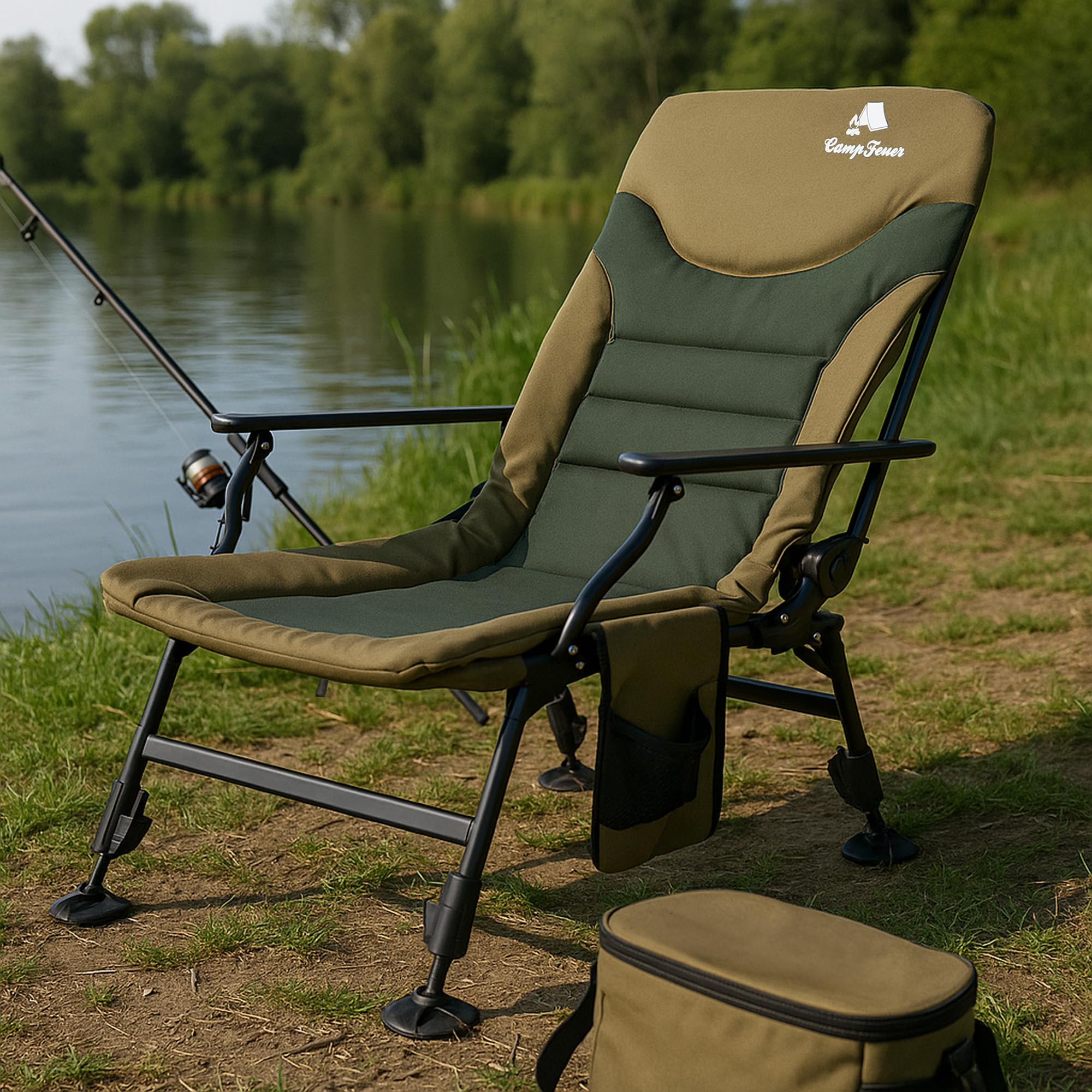 CampFeuer Sedia da Pesca Pieghevole Regolabile in Altezza, Verde Oliva/Verde Abete, Portata 150 kg, Ideale per Campeggio, Pesca e Trekking
