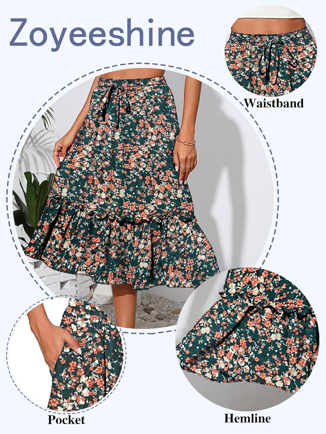 Womens Floral Midi Skirt A-Line High Waist with Pockets Pleated Beach Summer Skirt - Image 5