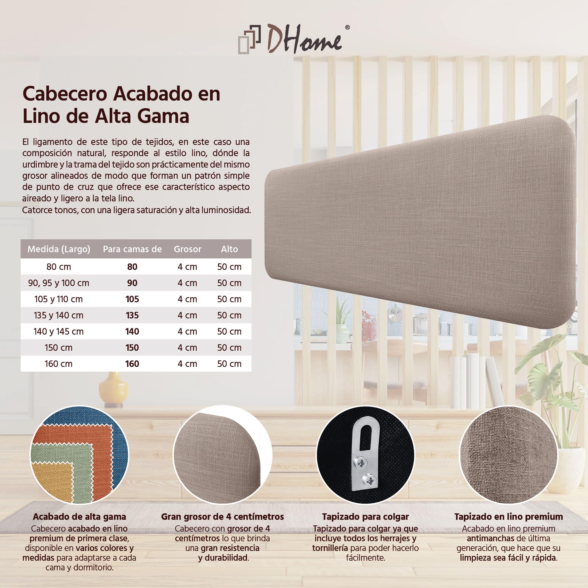 DHOME Gepolstertes Glattes Abgerundetes Kopfteil aus Naturleinen für Wand Akustik-Kopfteile Schalldämmend Kopfende Bett Schlafzimmer (Erde, 160cm)