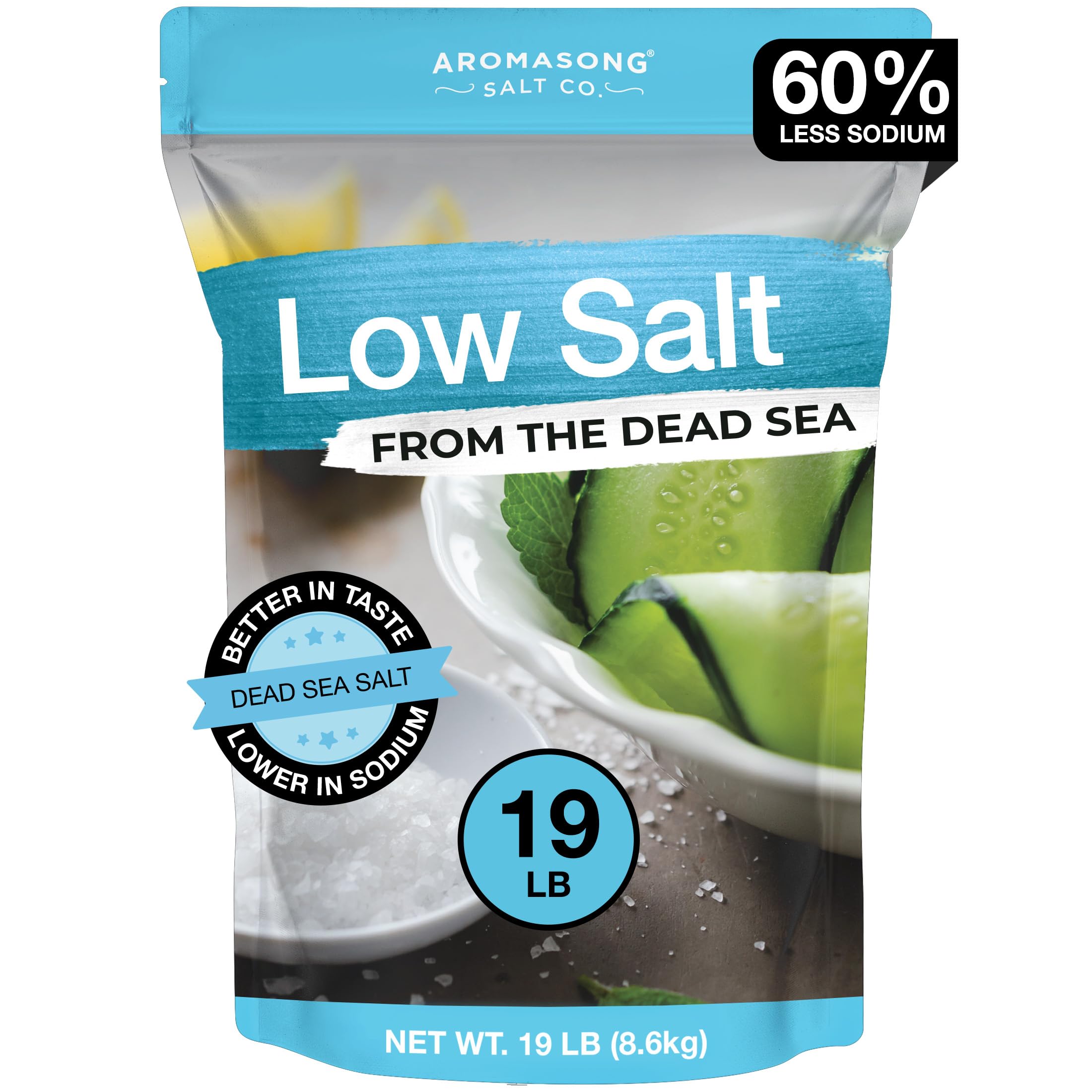 Aromasong Low Sodium Sea Salt - 100% Natural - 60% Less Sodium - Bulk 19 Lb Bag - Fine Grain Dead Sea Potassium Chloride with Dead Sea Salt - Used As Table Salt Substitute For Low Sodium Diet