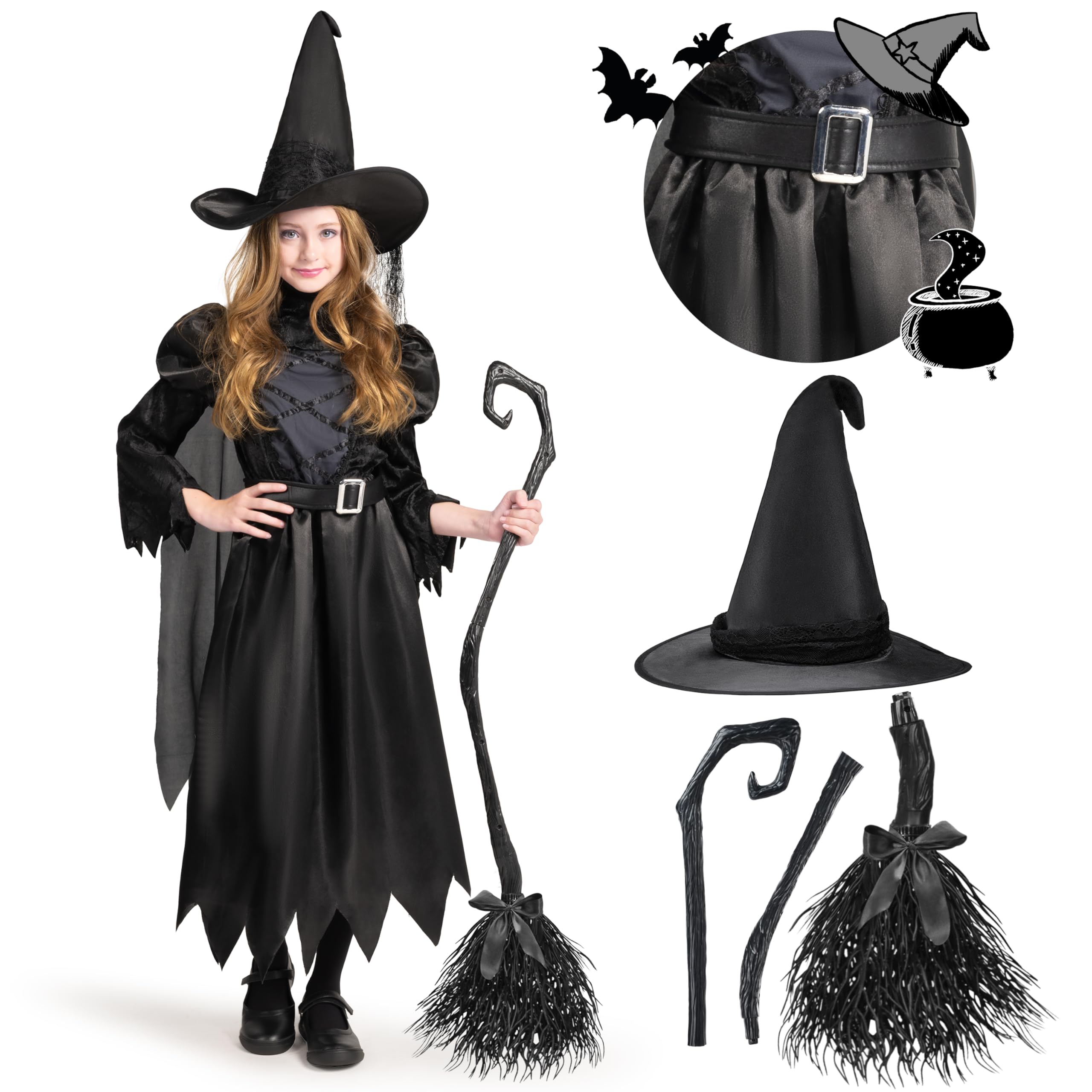 Spooktacular Creations Girl's Black Witch Costume for Halloween Costume Party, Classic Black Witch Costume with Broom