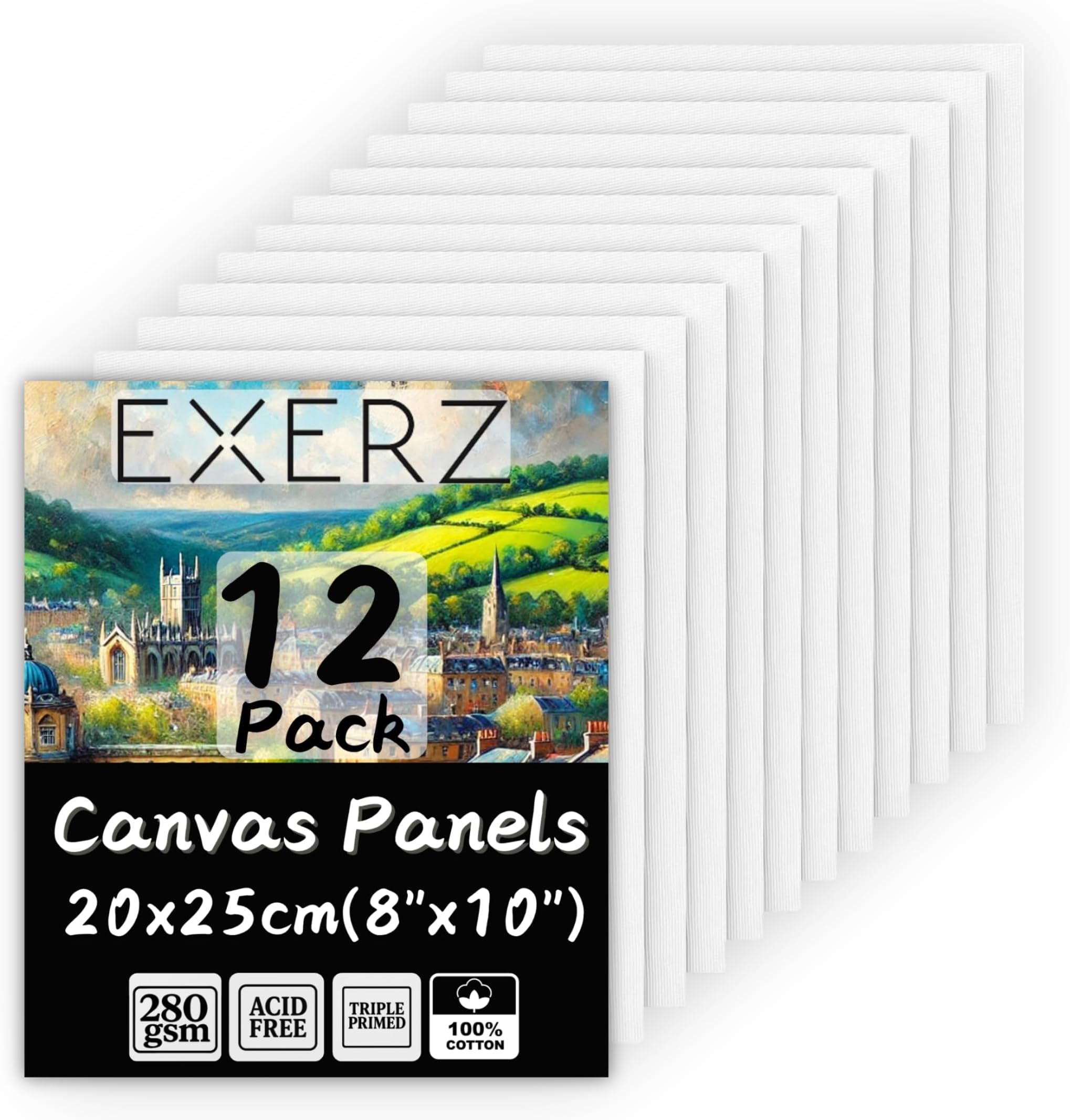 Exerz Canvas Panels 20x25cm,12pcs Blank Artist Canvas Boards,100% Cotton, 280gsm, 0.3cm Thickness, Triple Primed, Acid-Free, Medium Grain