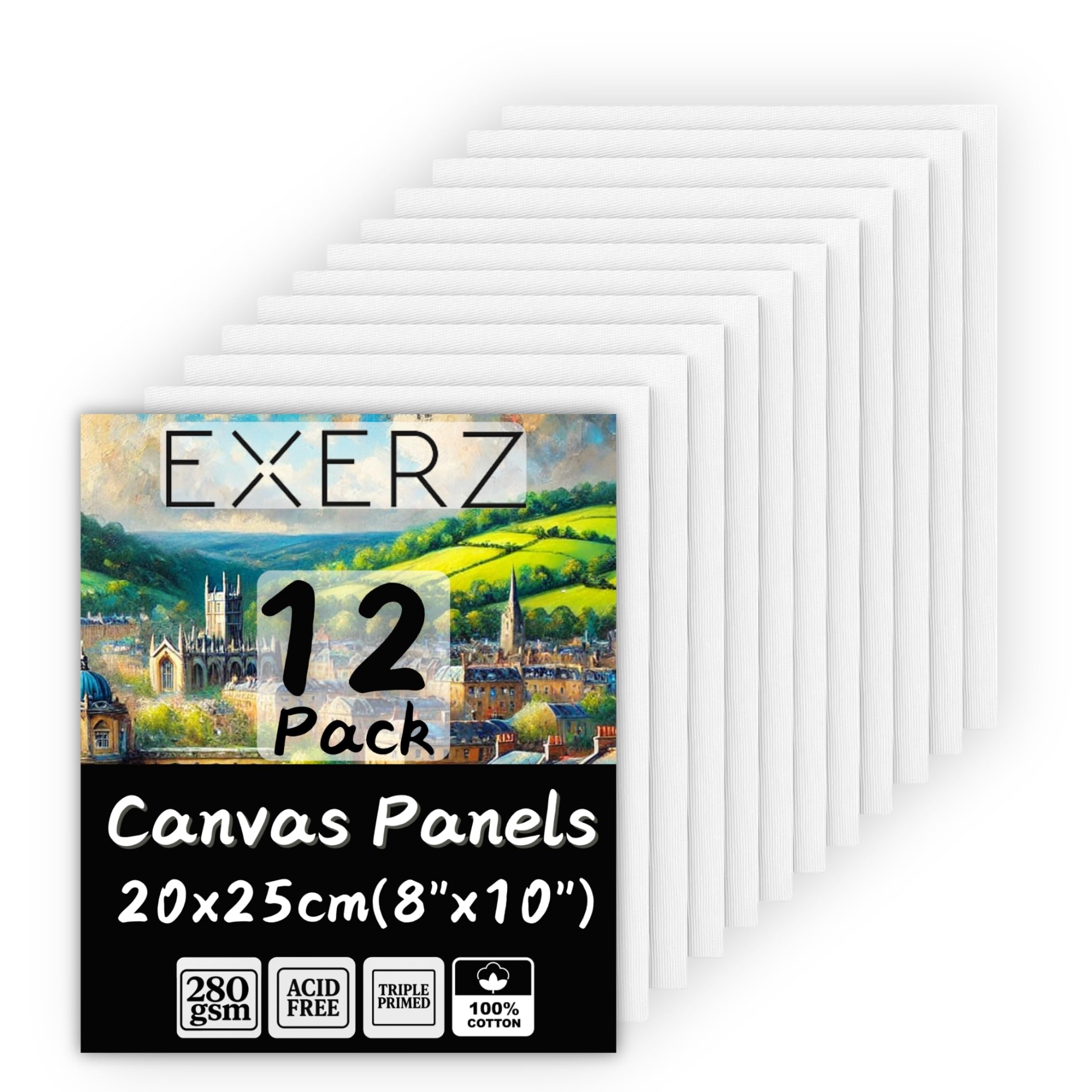 Exerz Canvas Panels 20x25cm,12pcs Blank Artist Canvas Boards,100% Cotton, 280gsm, 0.3cm Thickness, Triple Primed, Acid-Free, Medium Grain