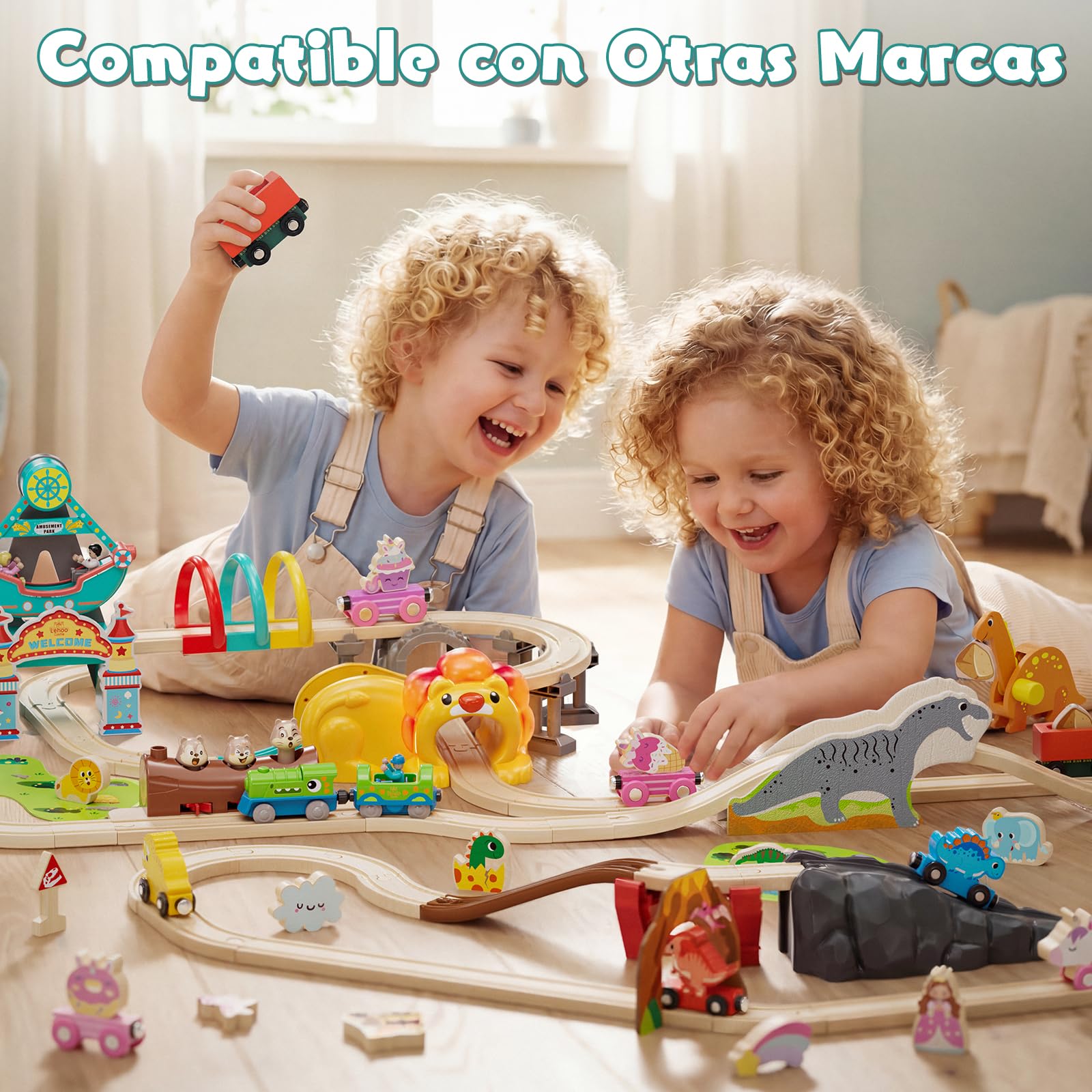Lehoo Catsle Tren Juguete con Locomotora de Dinosaurios, Tren Electrico Juguete Niños 3+ Años, Juguetes de Mader, Tren Eléctrico Infantil, Regalo para Niño