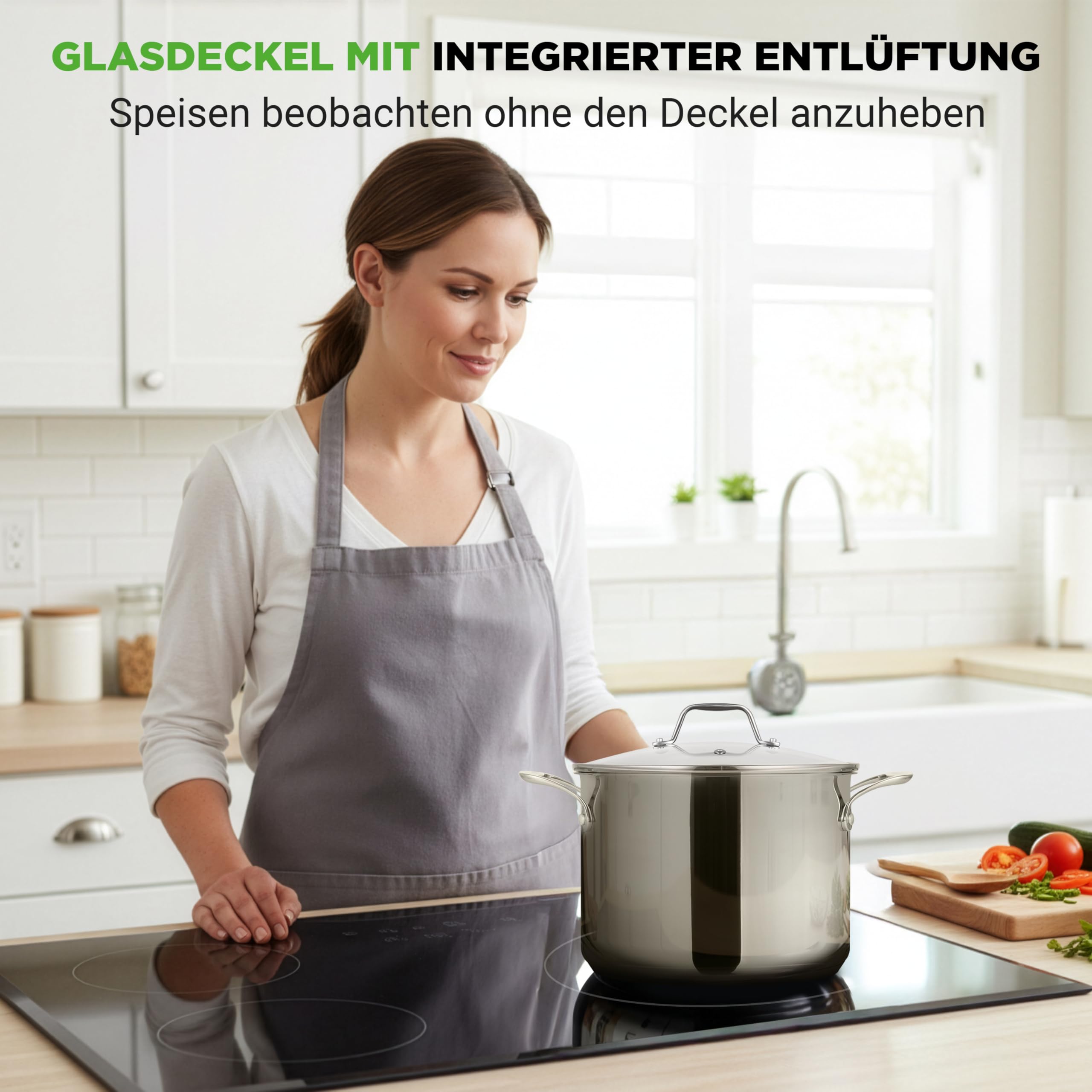 NutriChef Kochtopf groß, 8L Suppentopf Induktion aus Edelstahl mit Glasdeckel, 18/8 Großraumtopf Hitzebeständig bis 260 °C, Für alle Herdarten, Spülmaschinengeeignet, Silver