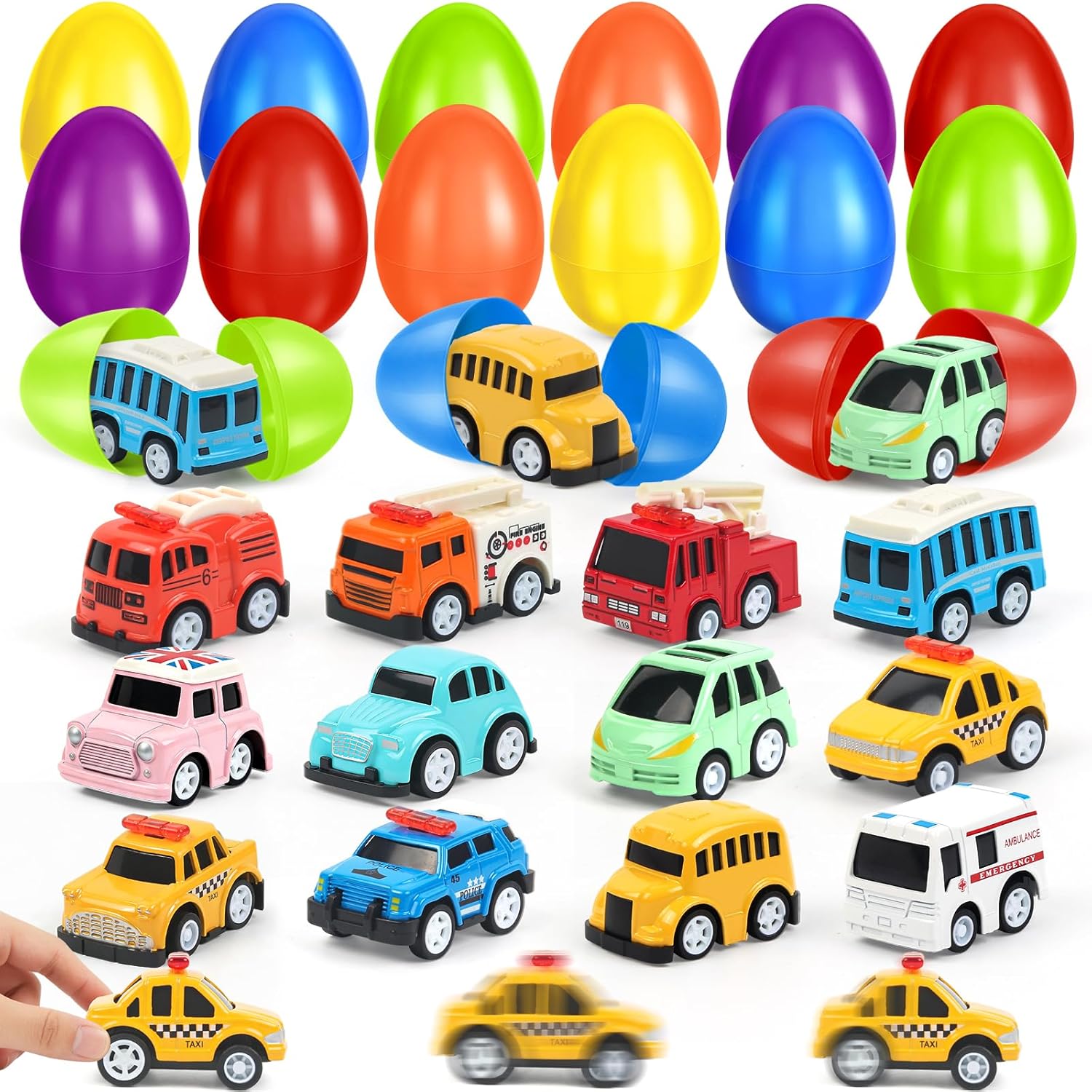 OCHIDO 12 Pack Easter Eggs Filled with Die-Cast Cars, Prefilled Easter Eggs with Toys Inside for Kids Easter Basket Stuffers, Easter Basket Essentials, Easter Party Favors for Easter Egg Hunt