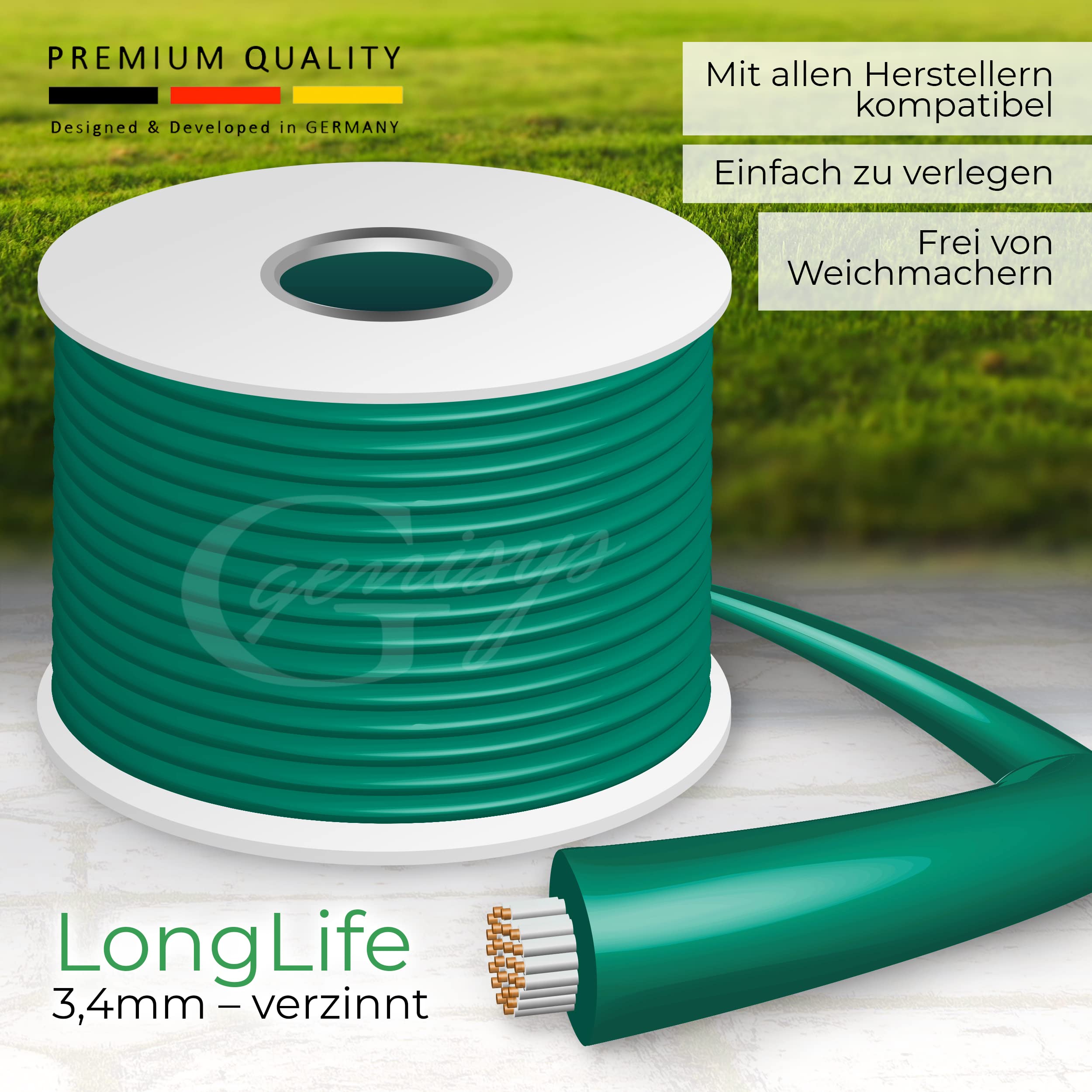 Genisys Cable Compatible con LANDROID de Worx - 3.4mm Long Life - Cable limitador de Robot cortacésped - en Carrete de Cable, Longitud:250m