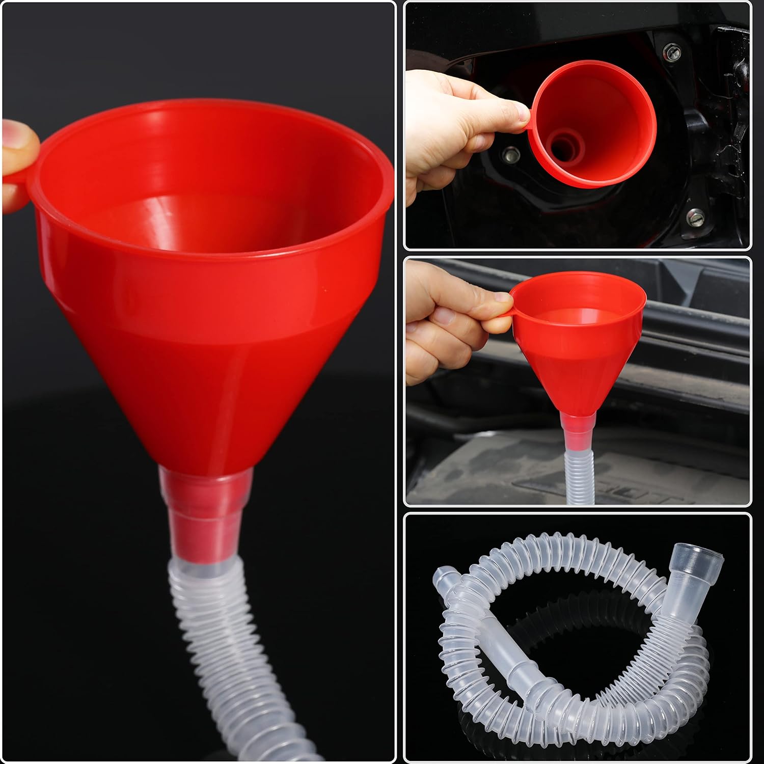 Small Flexible Fuel Funnel with Long Hose Plastic Wide Mouth Filling Funnel Car Funnel for Engine Oil Gas Fuel Gasoline Diesel Water Fluid Liquid Transmission Red Wide Diameter 3.15inch(1)