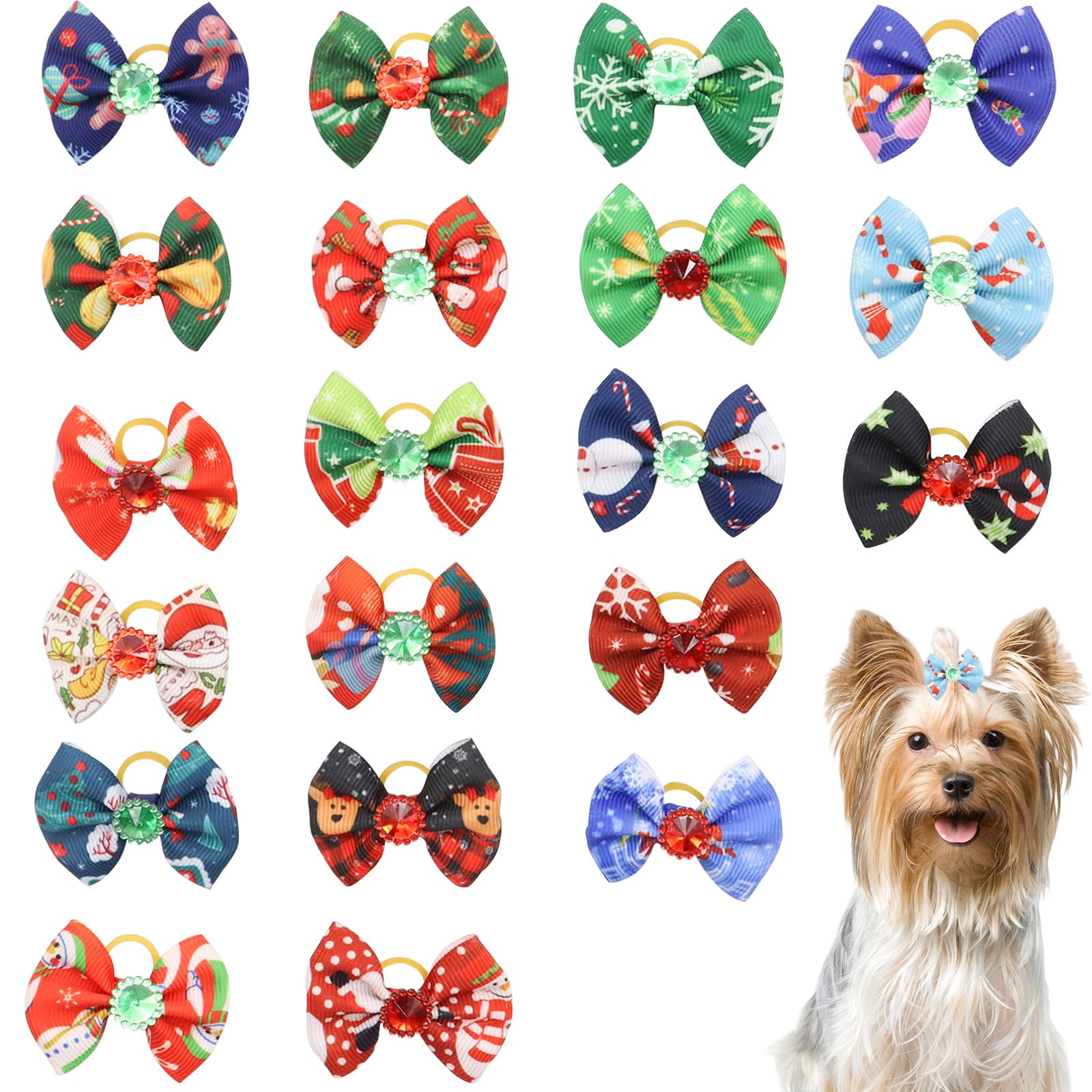 Christmas Dog Hair Bows, 20 Pcs Cute Dog Hair Bows with Elastic Rubber Bands