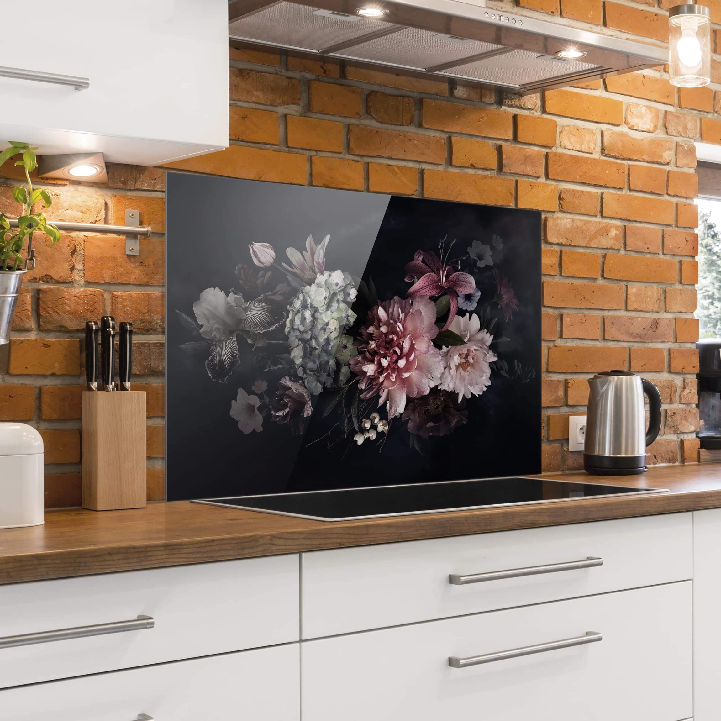 Fond de hotte avec support épaisseur 4mm fleurs crédence cuisine avec motif verre trempé panneau mural noir crédence en verre style vintage cuisine 5179 (90x59cm)