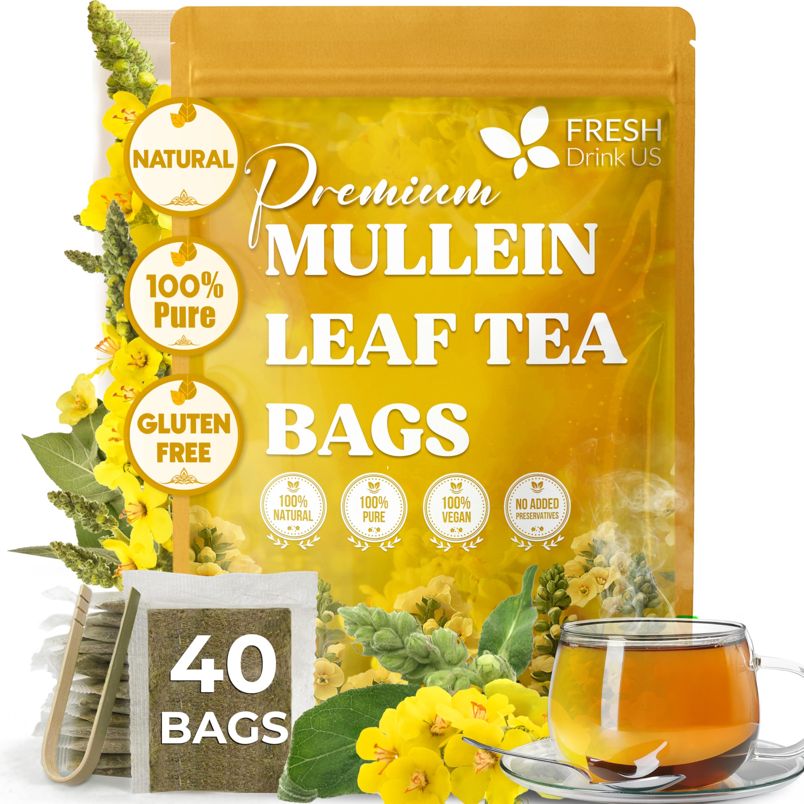 FreshDrinkUS, Premium 40 Mullein Leaf Tea For Lungs, Great Lung Detox For Smokers, Handmade, 100% Natural & Pure, No Sugar, No Caffeine, No Gluten, Vegan