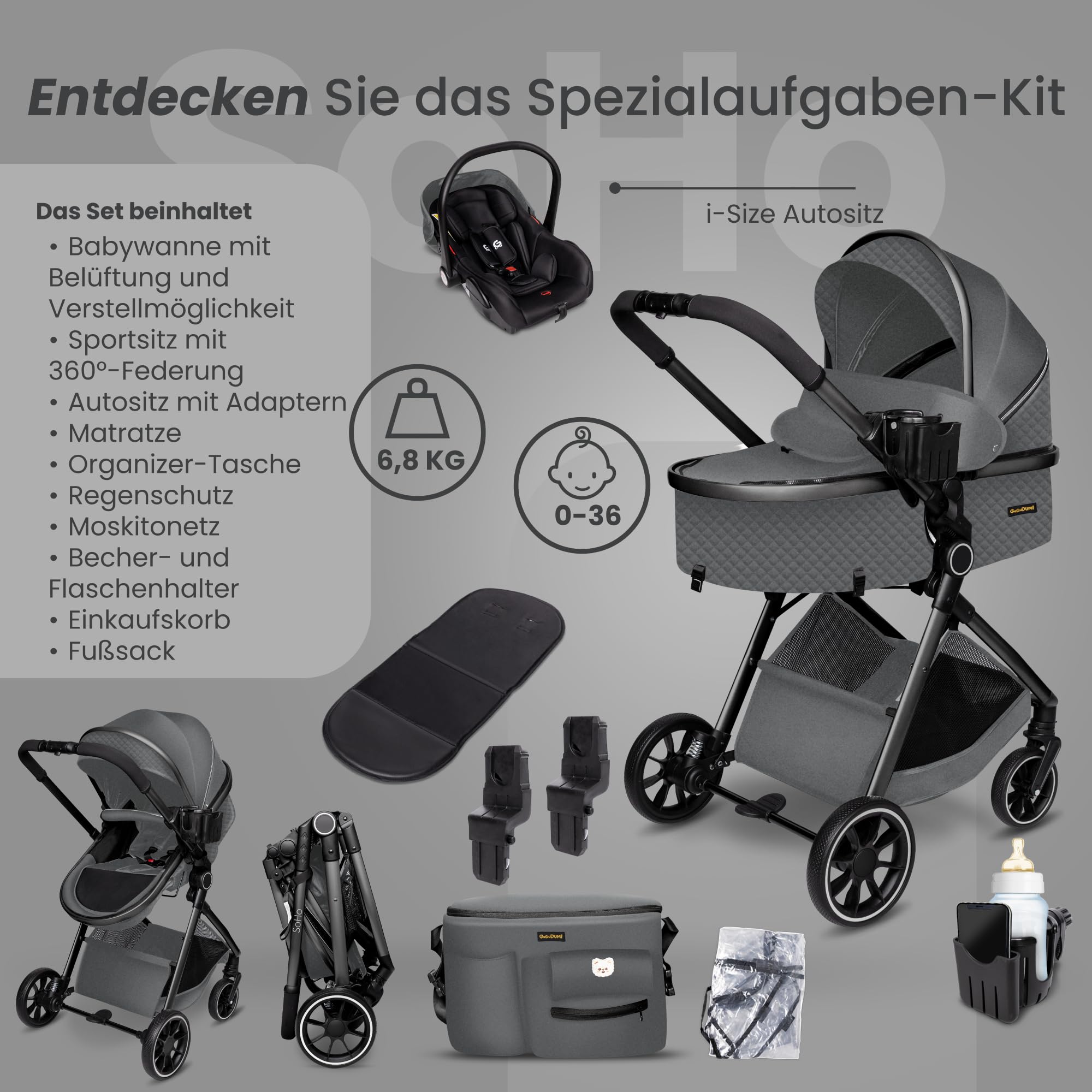 GagaDumi SoHo 3 en 1 Cochecito para Bebé con Capazo y Silla de Coche i-Size, Carrito Plegable Ligero con Accesorios, desde Recién Nacido hasta 22 kg