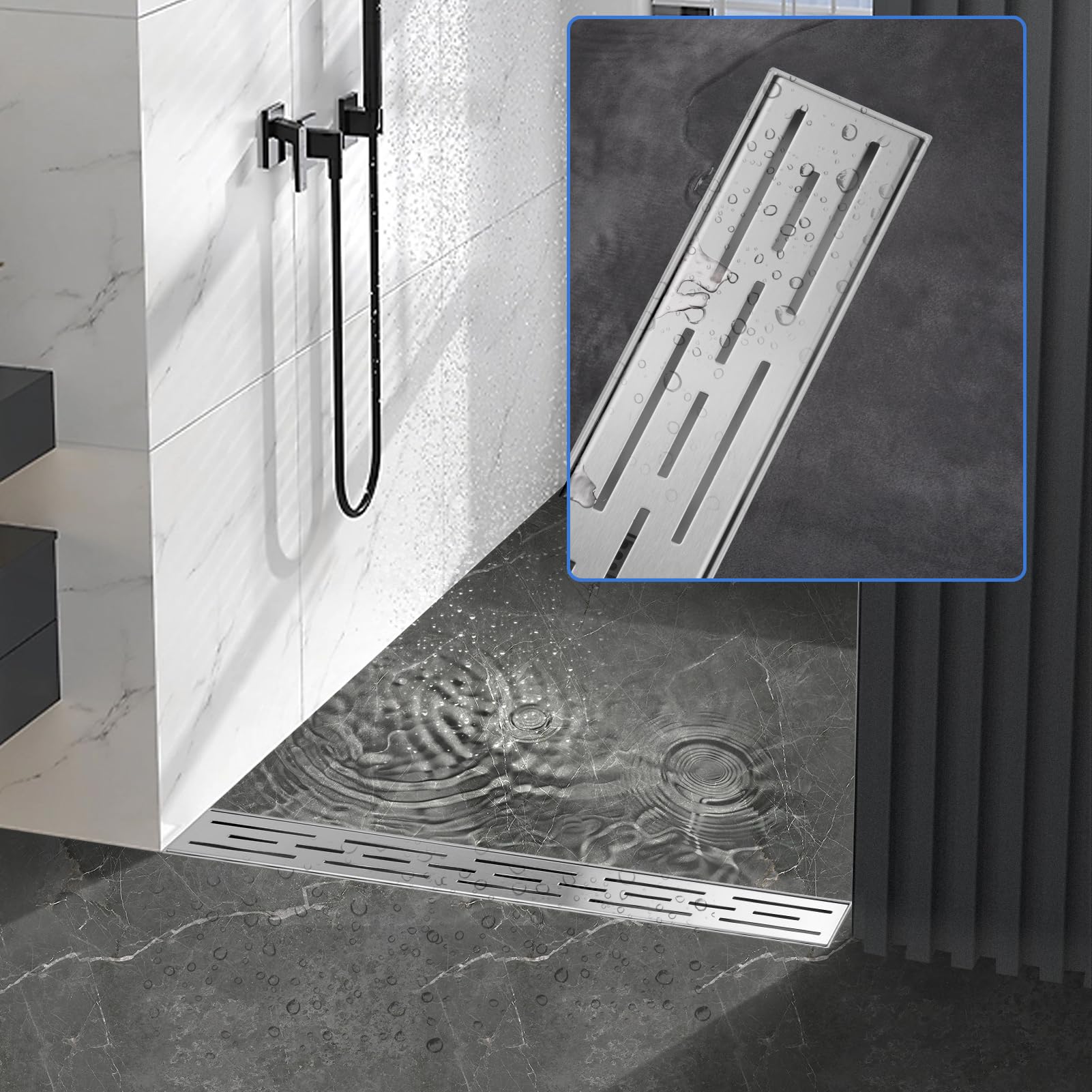 Caniveau Douche Italienne 80cm Acier INOX, Extra Plat, Anti-Odeurs | Siphon avec clapet anti-odeurs et filtre à cheveux amovible Panneau de Ligne Caniveau Douche Extra Plate Drainage Rapide