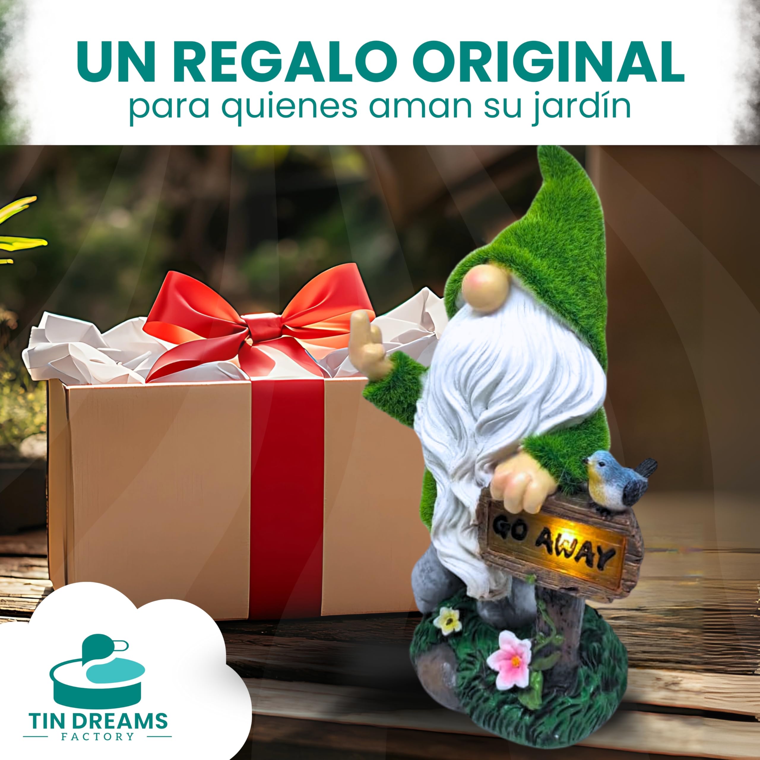 Gnomo de Jardín con Luz Solar “Go Away” – Figura de Resina Impermeable para Decoración Exterior – Enano Divertido para Jardín, Terraza o Patio – Adorno Original con Luz Automática