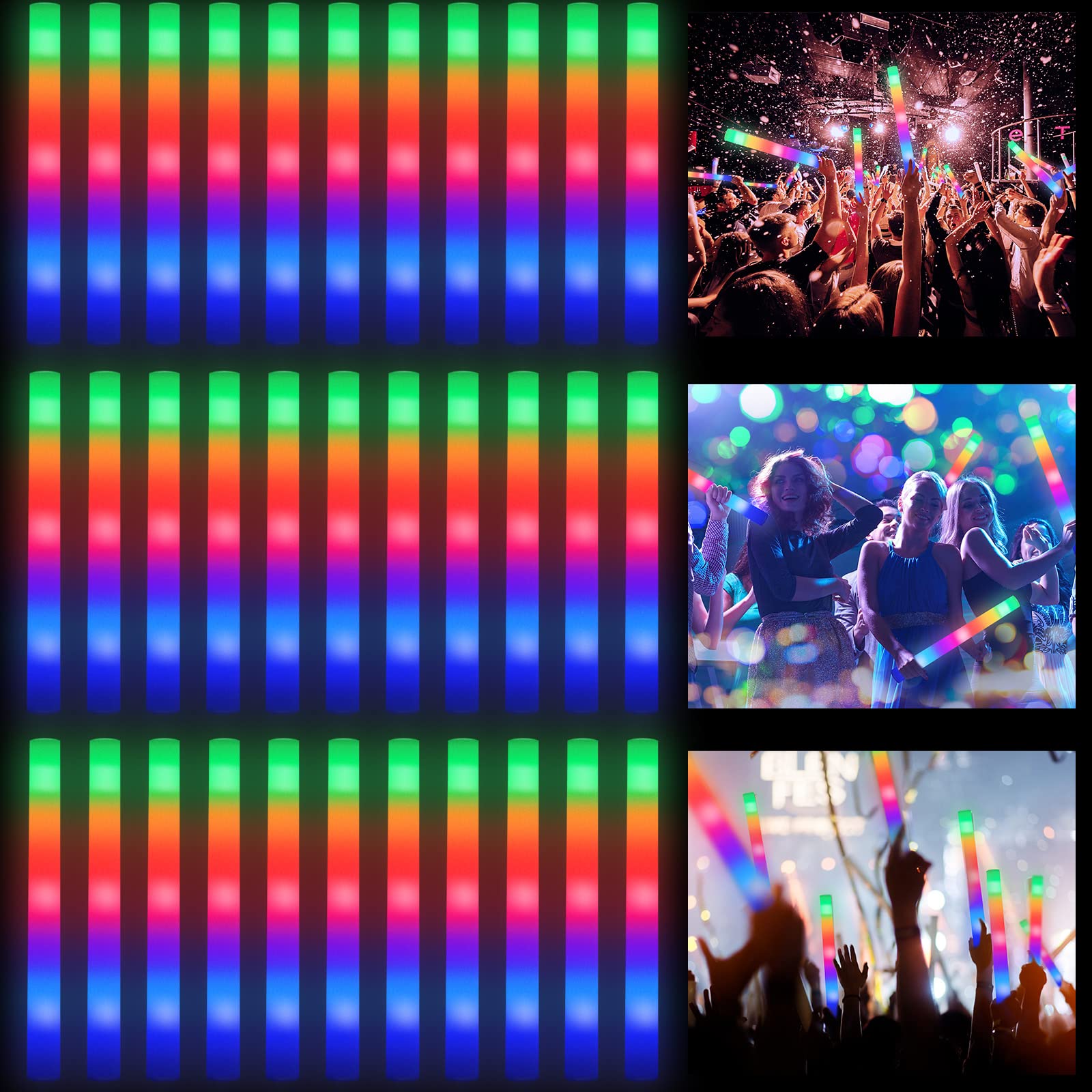 Vinsot50 Pcs LED Light Sticks with 3 Modes Colorful Flashing Glow Baton 16 Inch Soft Glow Stick Glow in The Dark Party Supplies for Halloween Christmas Wedding Concert Raves Birthday Party